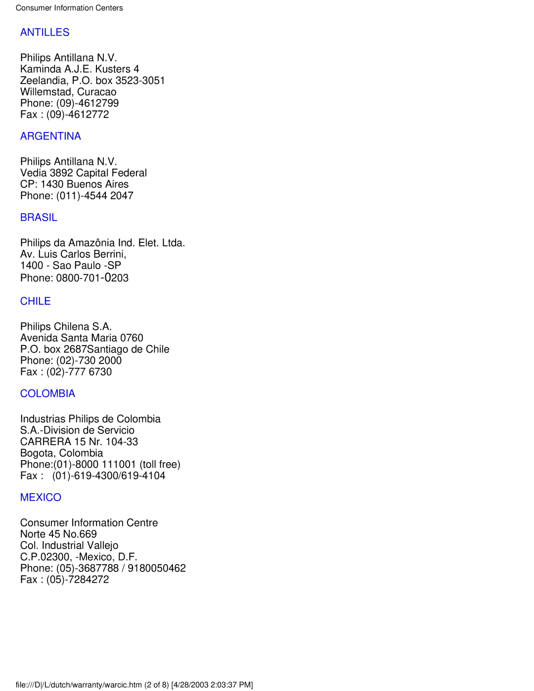 Philips 170S4FB, 170S4FS, 170S4FG user manual Antilles, Argentina, Brasil, Chile, Colombia, Mexico 