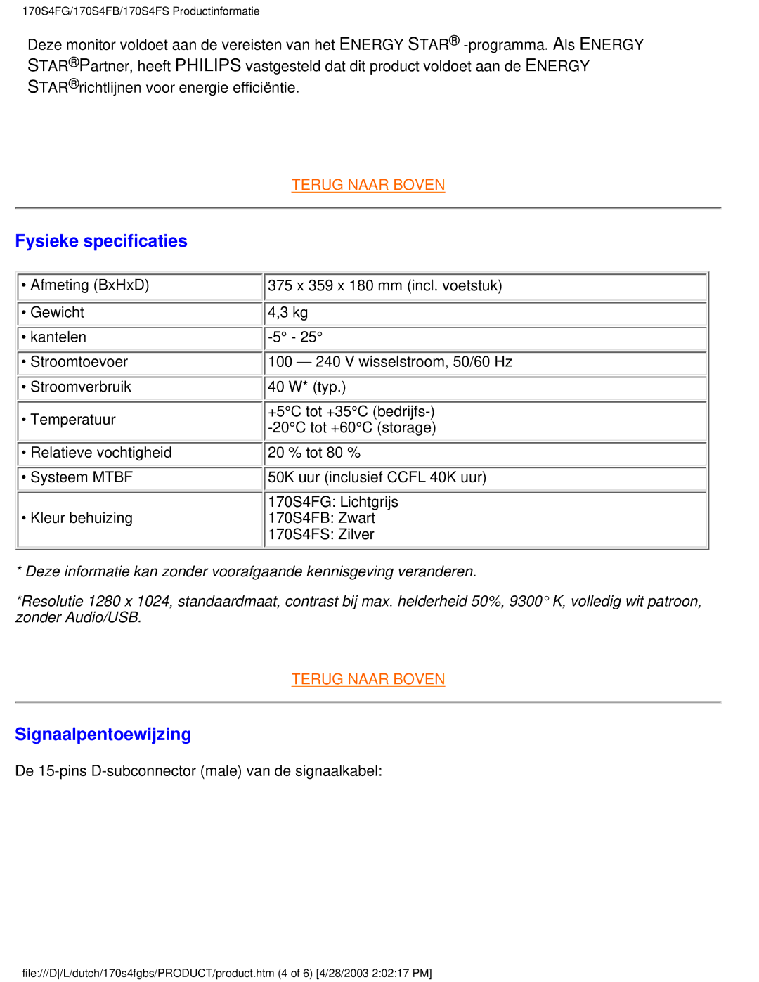 Philips 170S4FS, 170S4FB, 170S4FG user manual Fysieke specificaties, Signaalpentoewijzing 