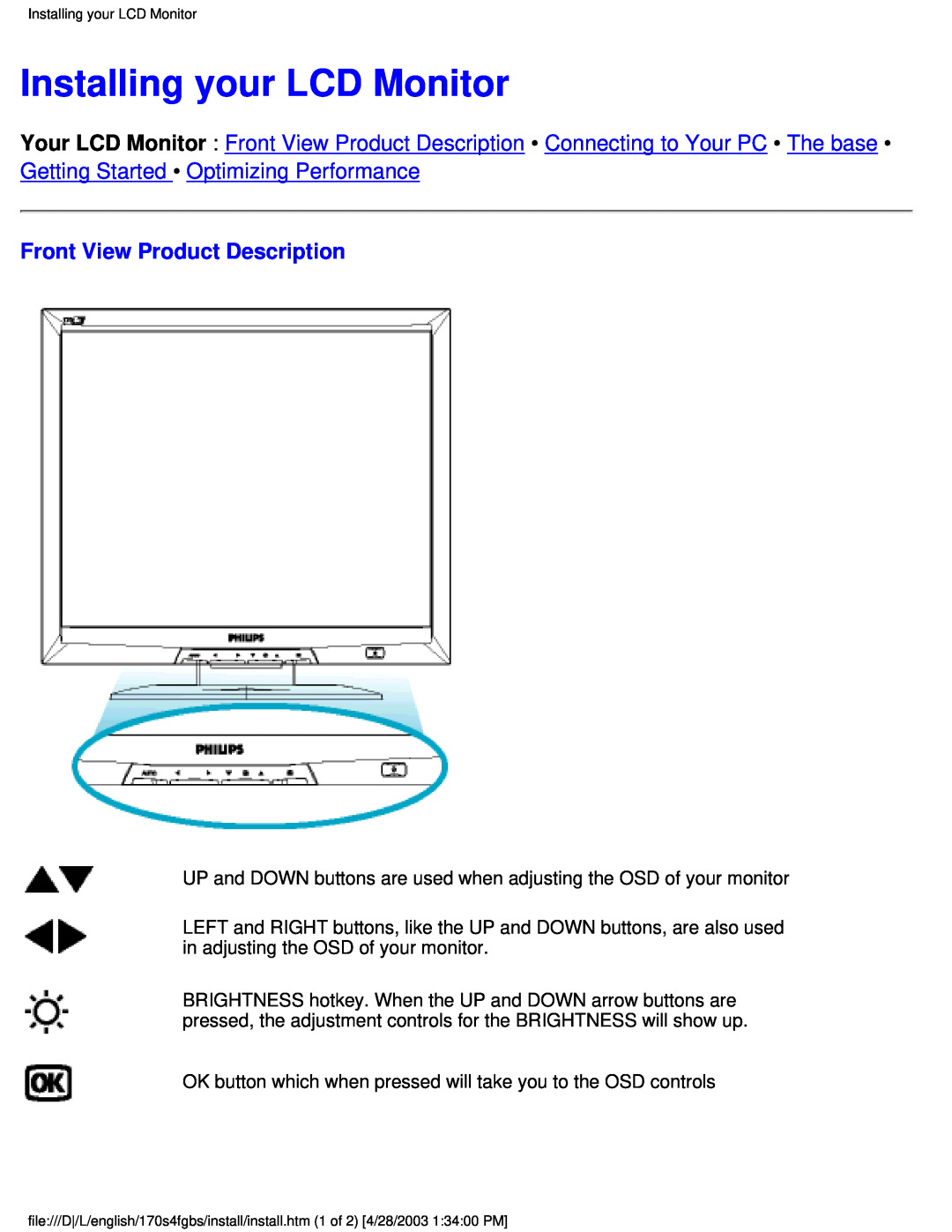 Philips 170S4FG, 170S4FS user manual Installing your LCD Monitor, Front View Product Description 