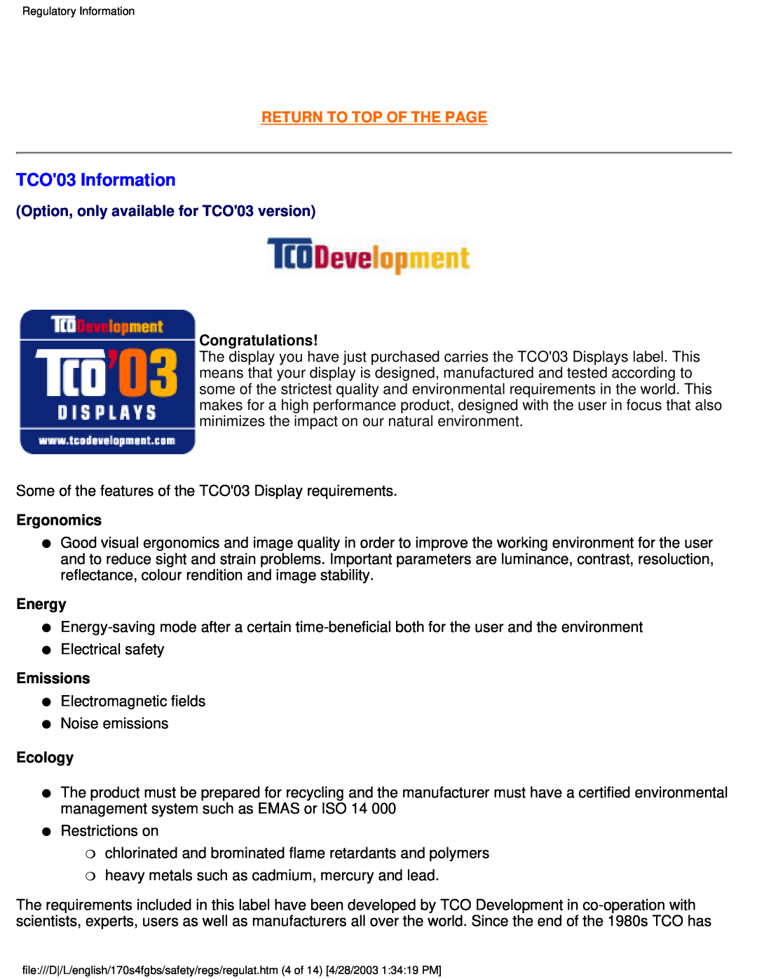 Philips 170S4FG TCO03 Information, Return To Top Of The Page, Option, only available for TCO03 version, Congratulations 