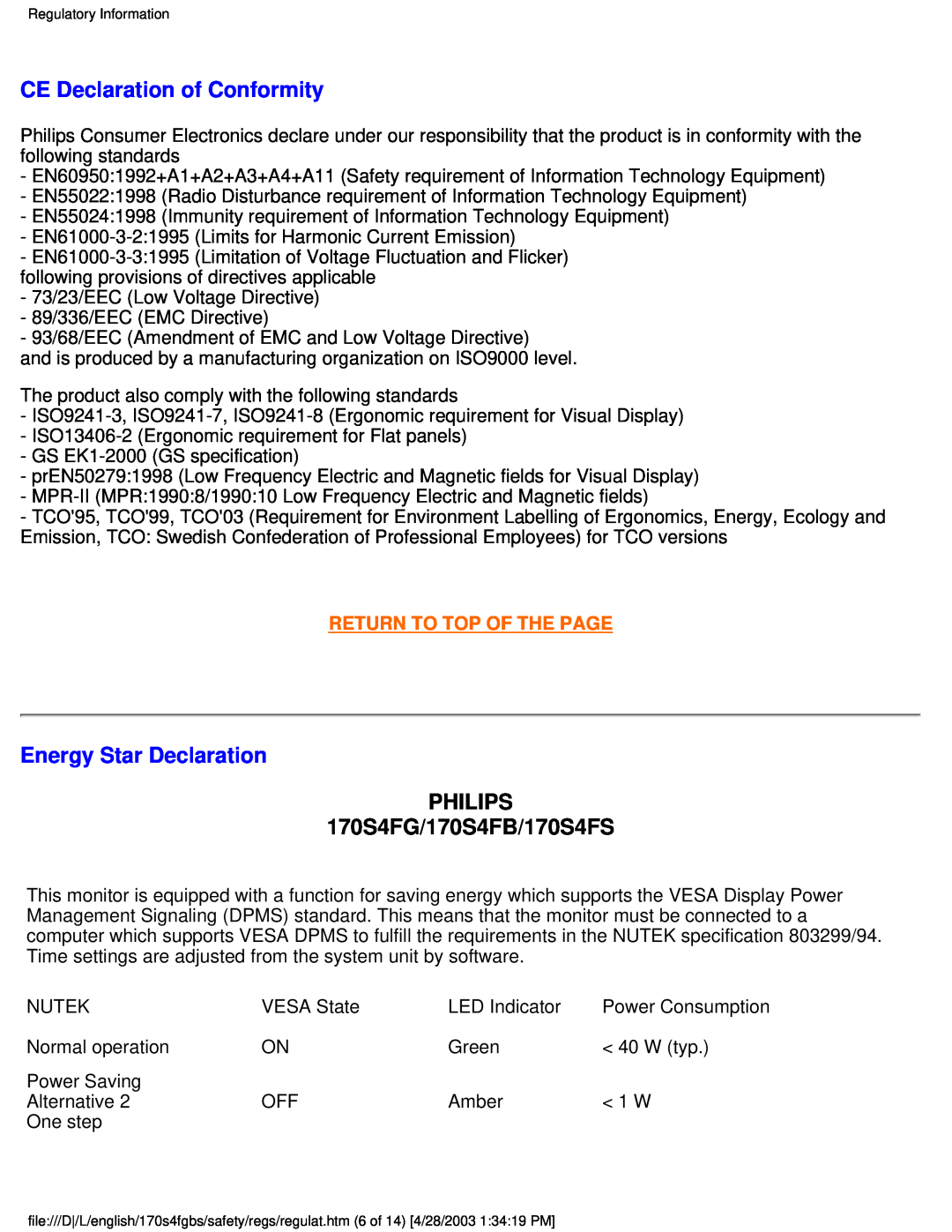 Philips user manual PHILIPS 170S4FG/170S4FB/170S4FS, CE Declaration of Conformity, Energy Star Declaration 