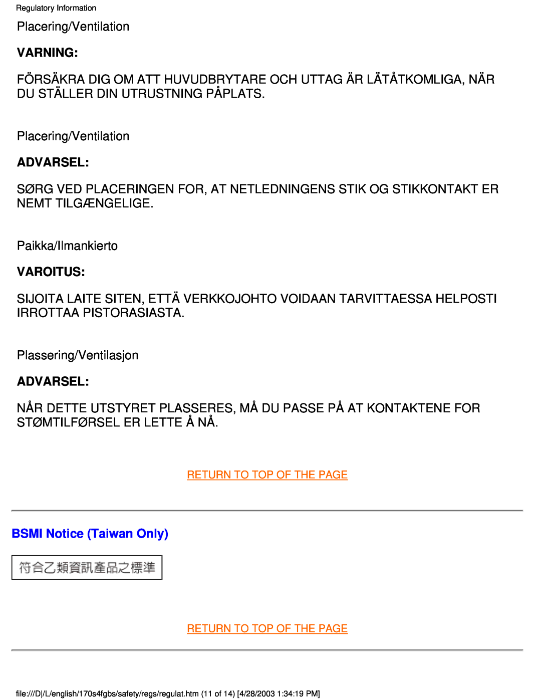 Philips 170S4FS, 170S4FG user manual Varning, Advarsel, Varoitus, BSMI Notice Taiwan Only 