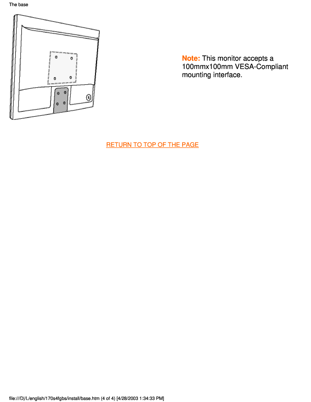 Philips 170S4FG, 170S4FS user manual Return To Top Of The Page, The base 