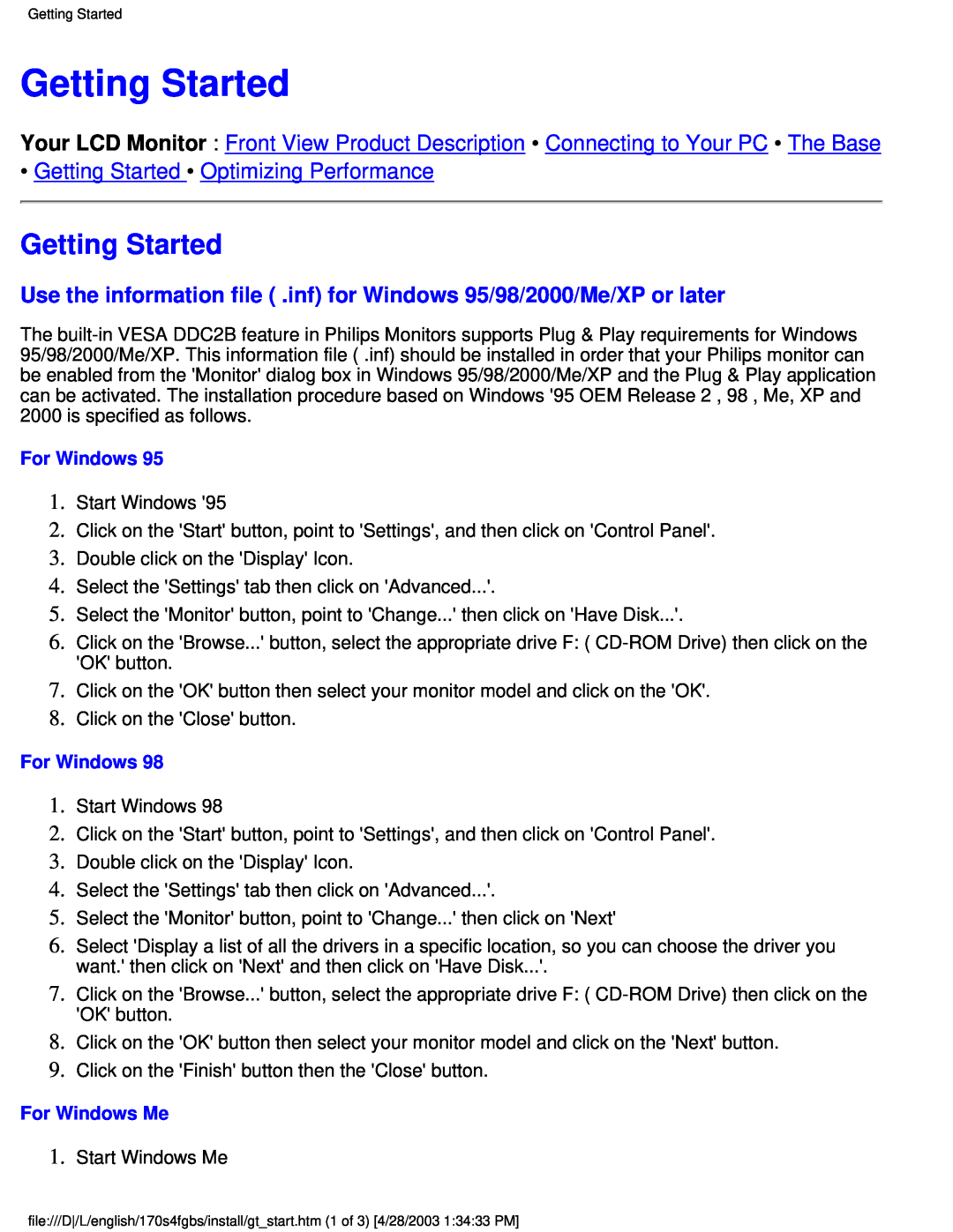 Philips 170S4FS, 170S4FG user manual Getting Started Optimizing Performance, For Windows Me 