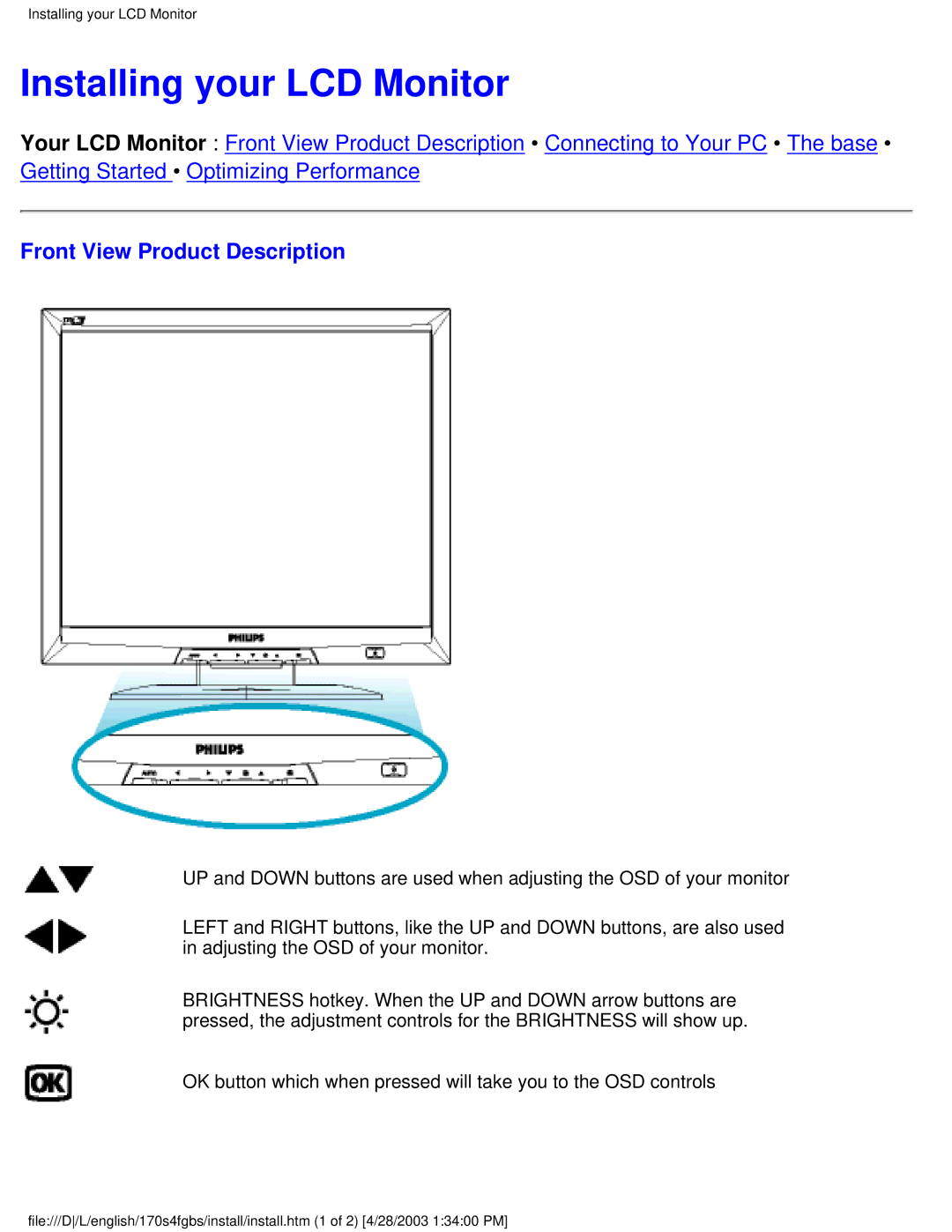 Philips 170S4FG, 170S4FS user manual Installing your LCD Monitor, Front View Product Description 