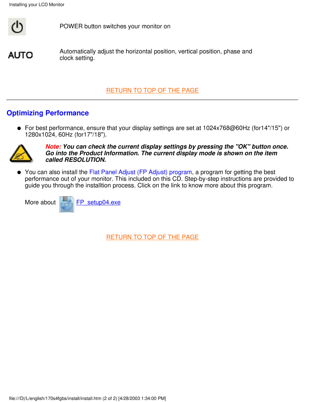 Philips 170S4FS, 170S4FG user manual Optimizing Performance 