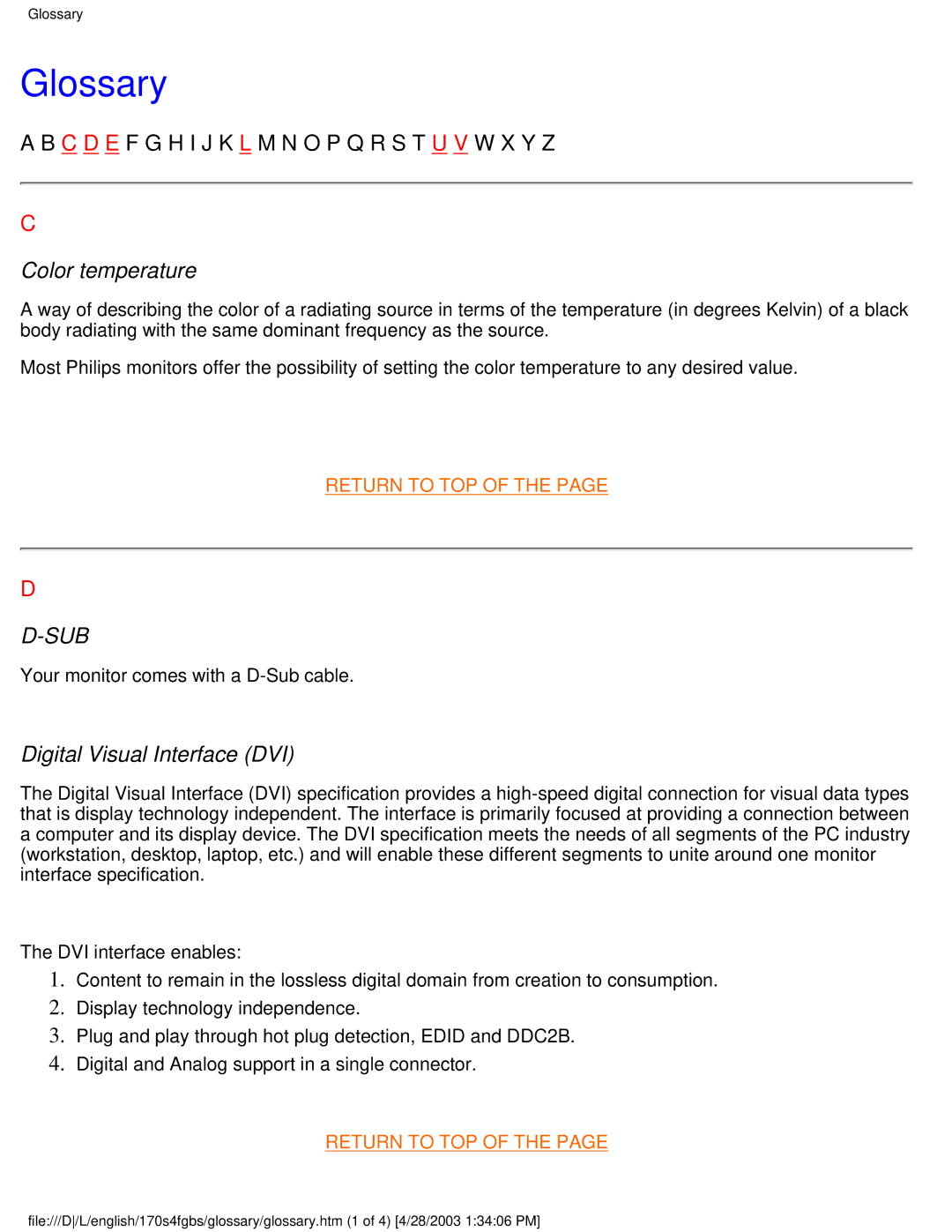 Philips 170S4FG, 170S4FS user manual Glossary, Color temperature 