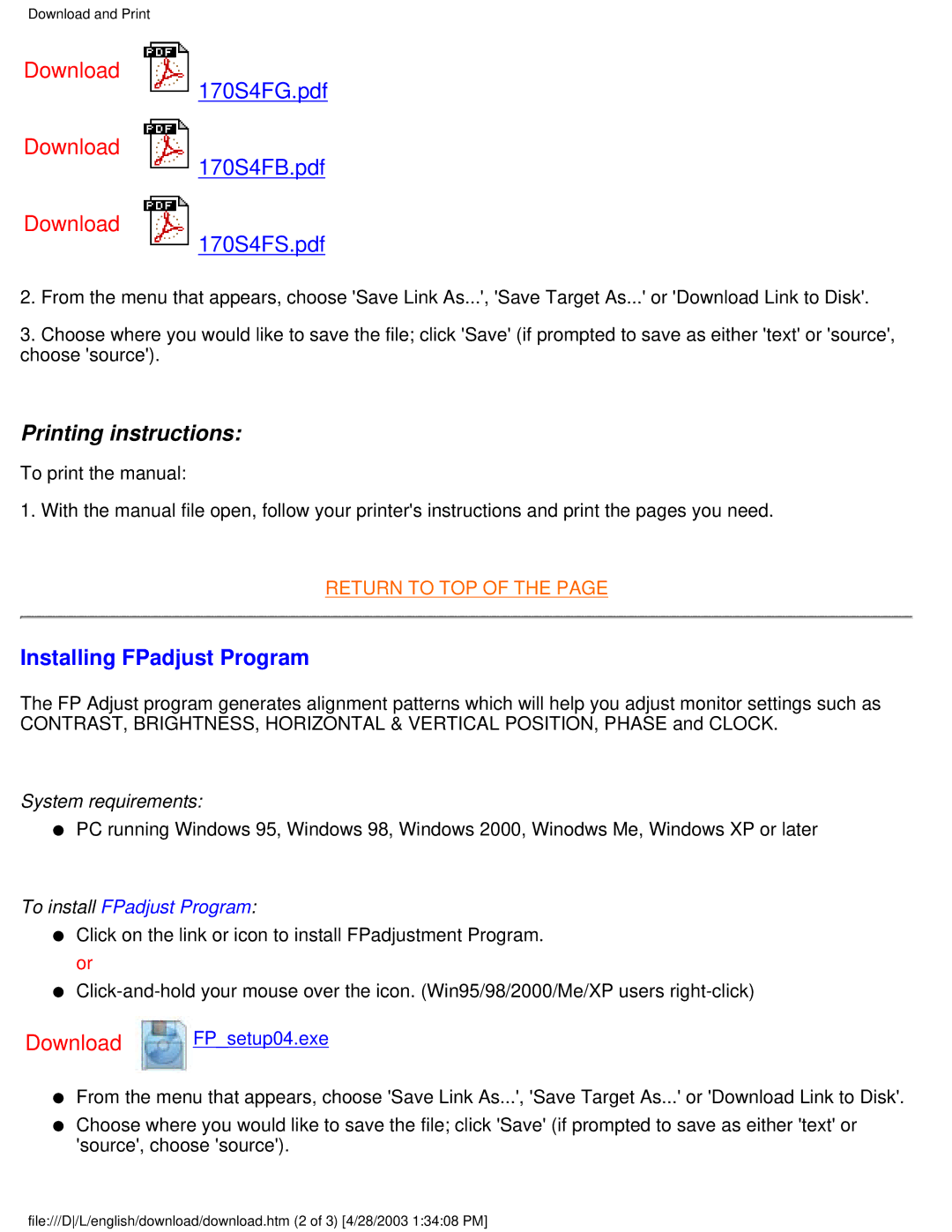 Philips 170S4FS, 170S4FG user manual Printing instructions, Installing FPadjust Program 