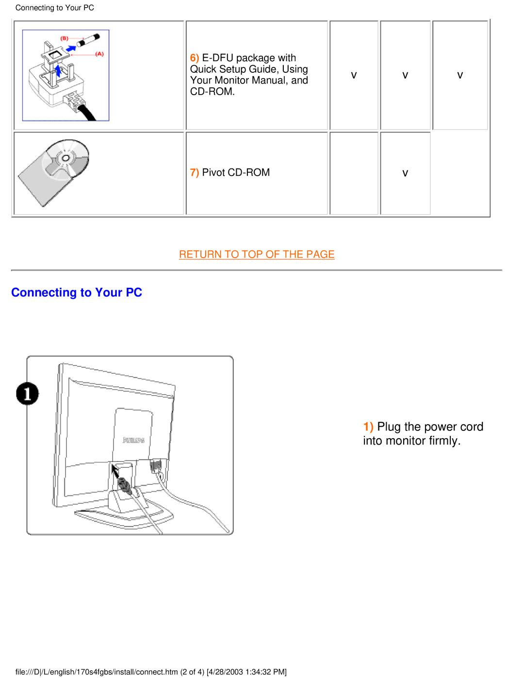 Philips 170S4FG, 170S4FS user manual Connecting to Your PC, Plug the power cord into monitor firmly 