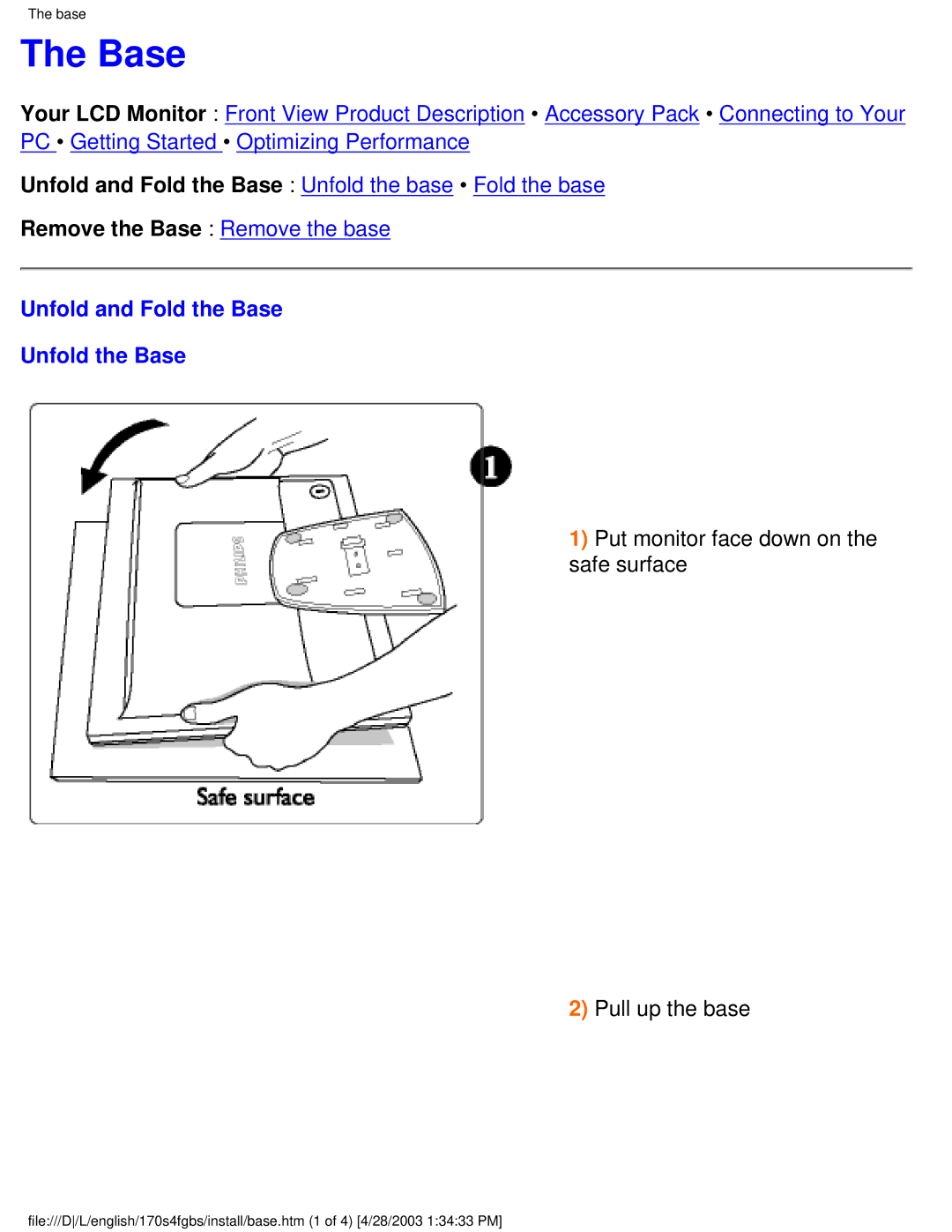 Philips 170S4FS, 170S4FG user manual Unfold and Fold the Base Unfold the Base 