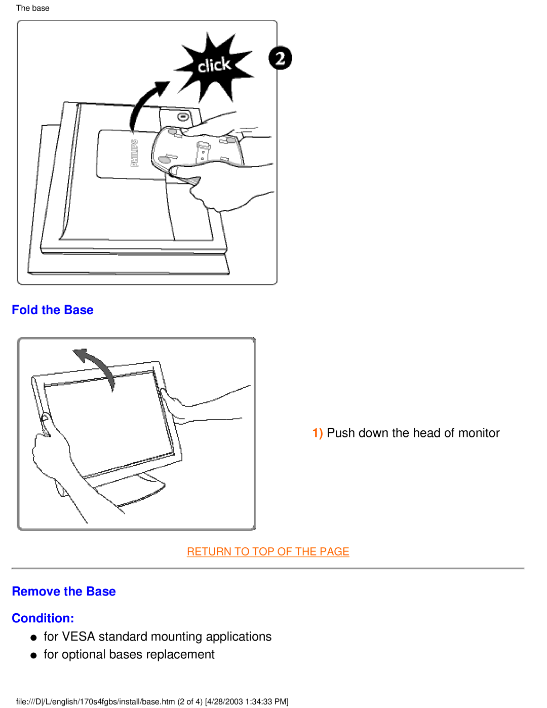 Philips 170S4FG, 170S4FS user manual Fold the Base, Remove the Base Condition 