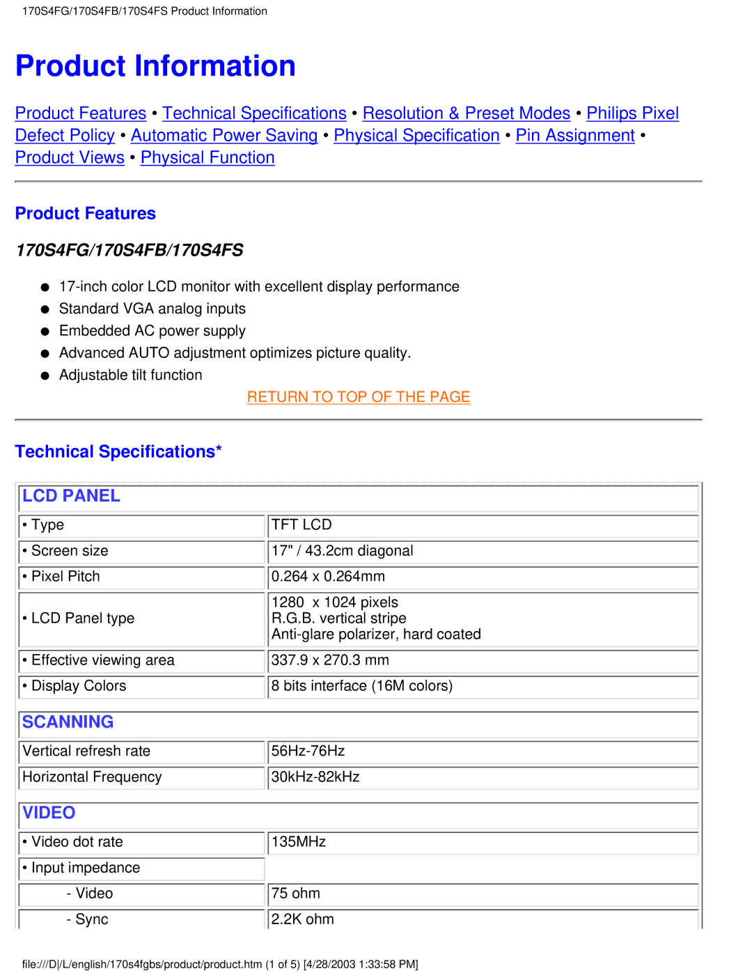 Philips 170S4FS, 170S4FG user manual Product Information, Product Features, Technical Specifications 