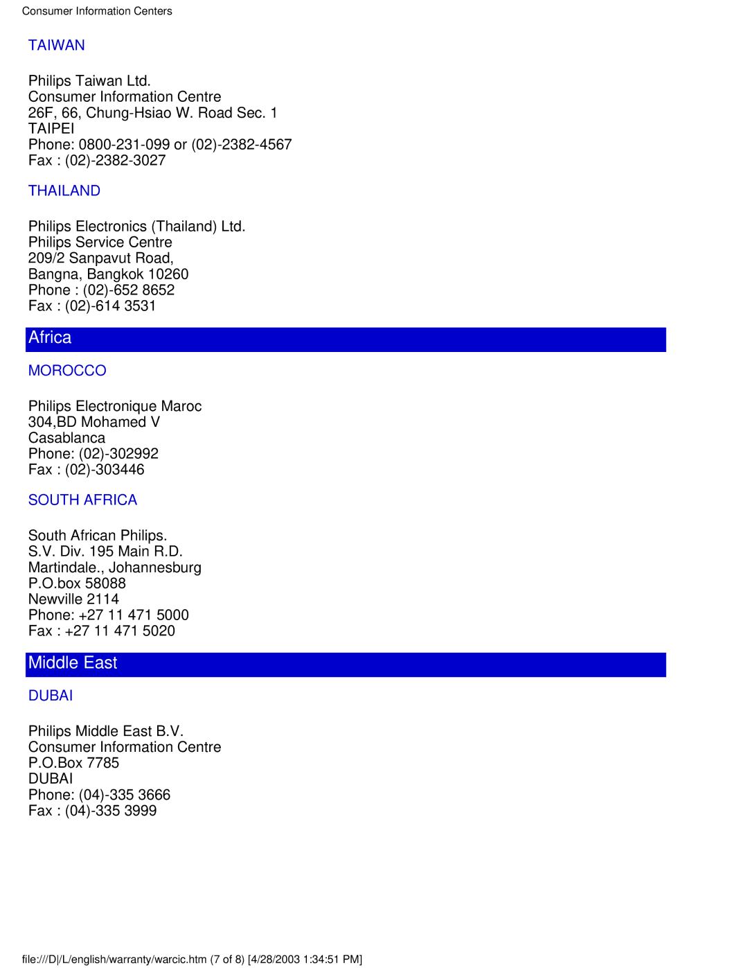 Philips 170S4FG, 170S4FS user manual Taiwan, Thailand, Morocco, South Africa, Dubai 