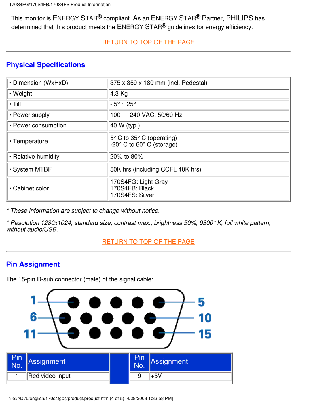 Philips 170S4FG, 170S4FS user manual Physical Specifications, Pin Assignment 