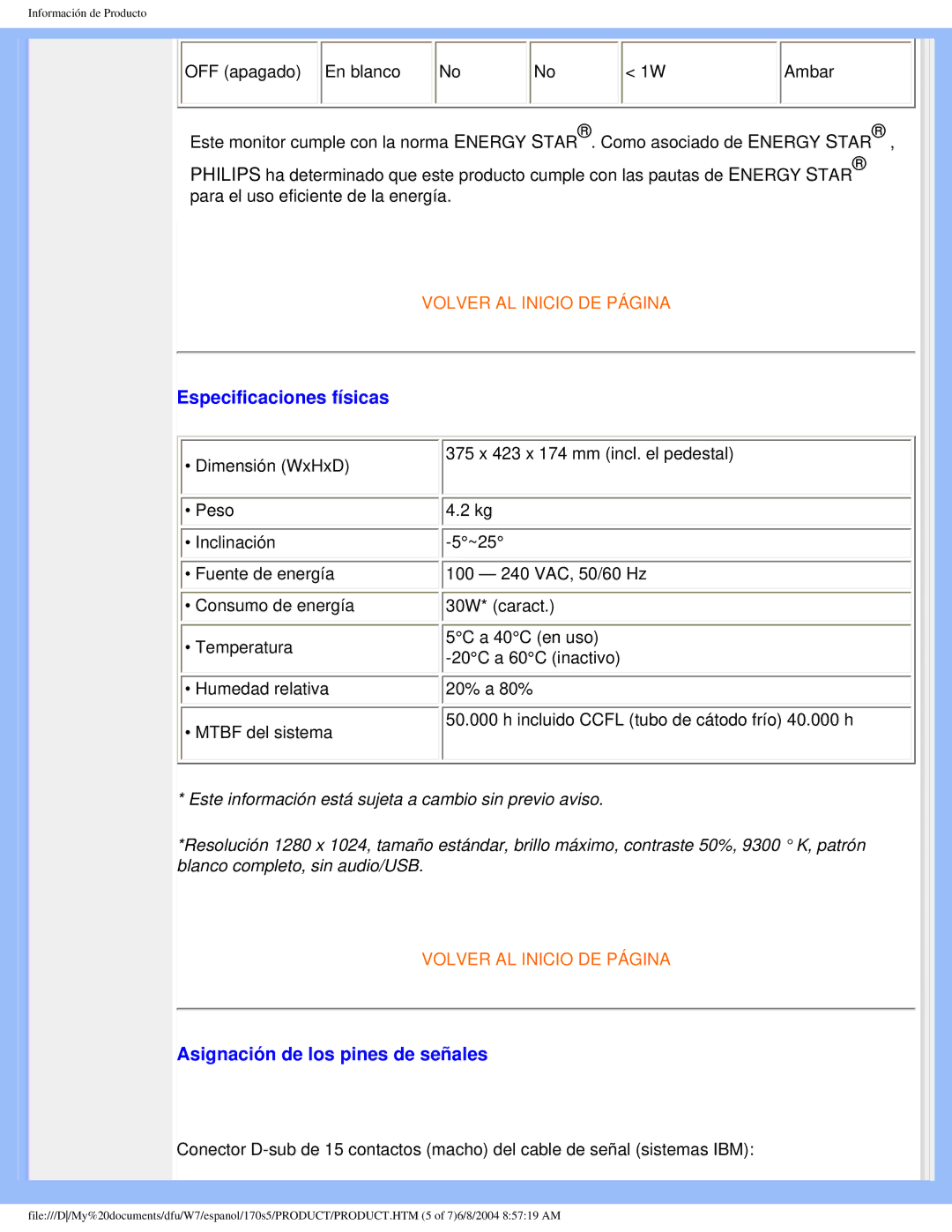 Philips 170S5 user manual Especificaciones físicas, Asignación de los pines de señales 