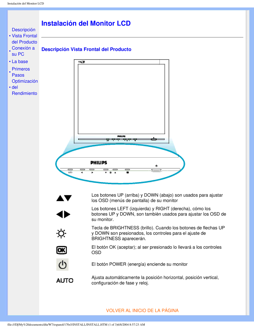 Philips 170S5 user manual Instalación del Monitor LCD, Descripción Vista Frontal del Producto 