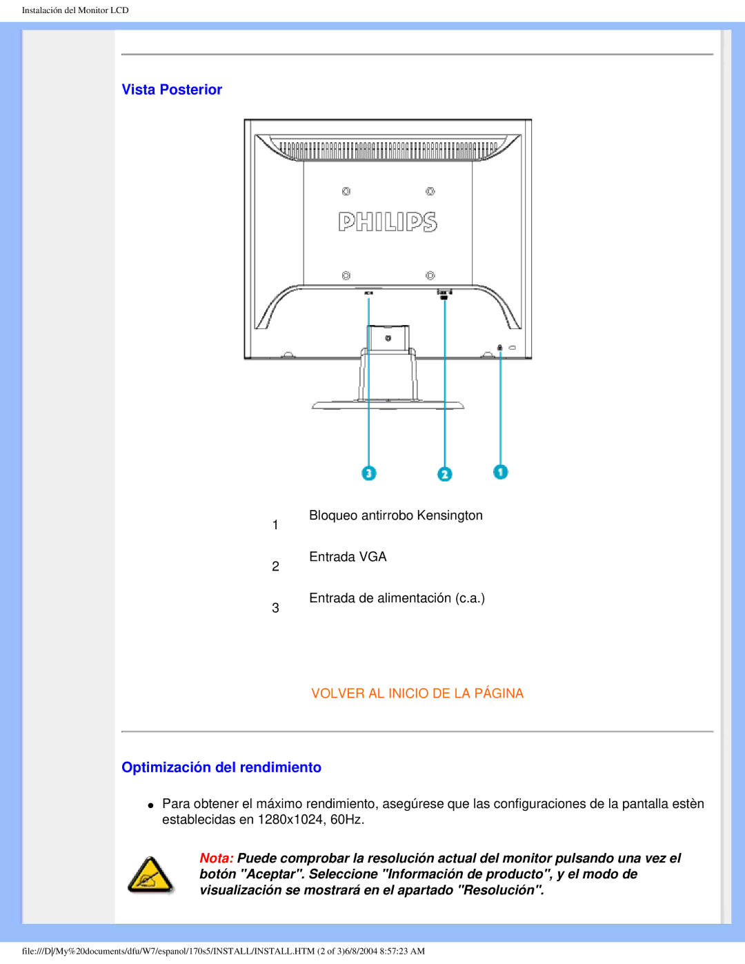 Philips 170S5 user manual Vista Posterior, Optimización del rendimiento 