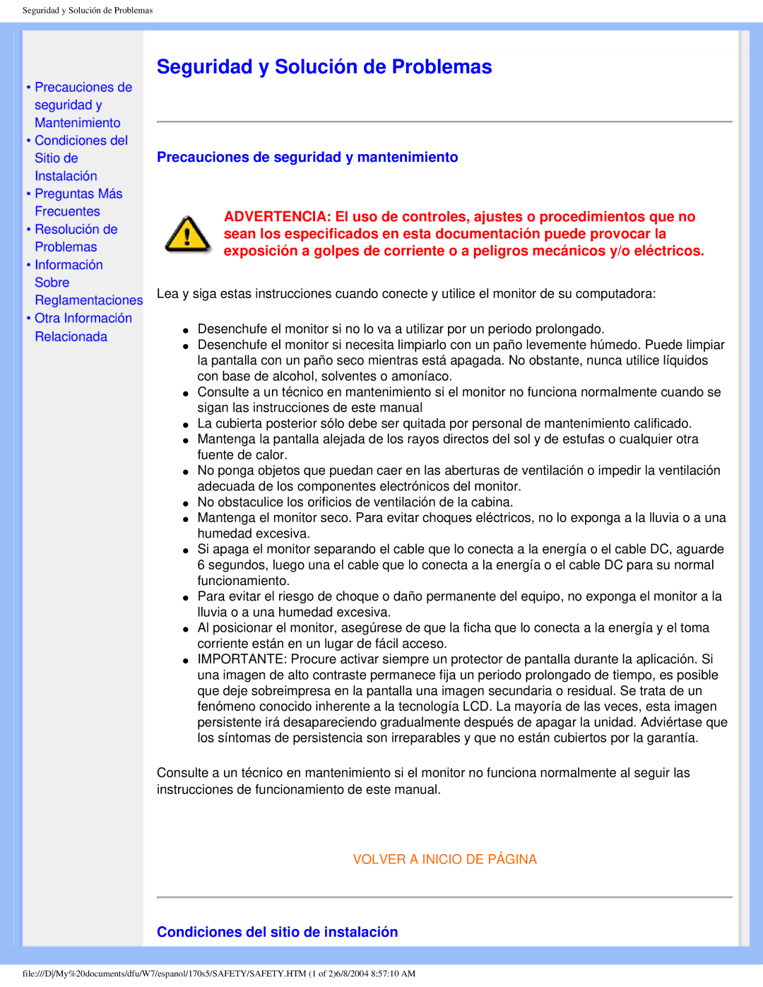 Philips 170S5 user manual Precauciones de seguridad y mantenimiento, Condiciones del sitio de instalación 