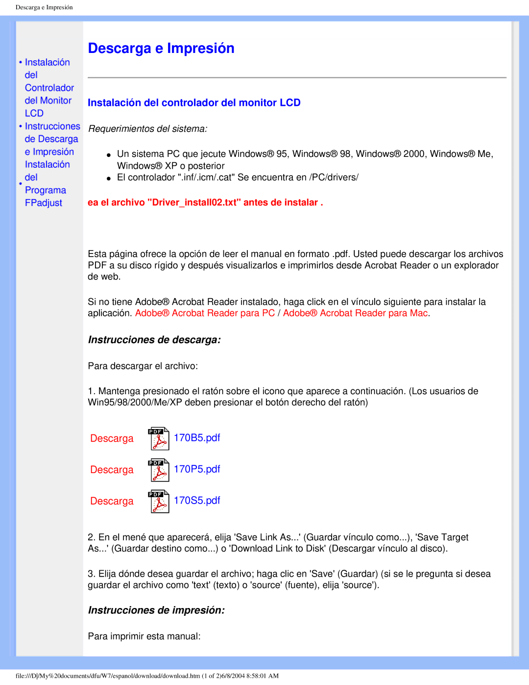 Philips 170S5 user manual Descarga e Impresión, Instalación del controlador del monitor LCD 