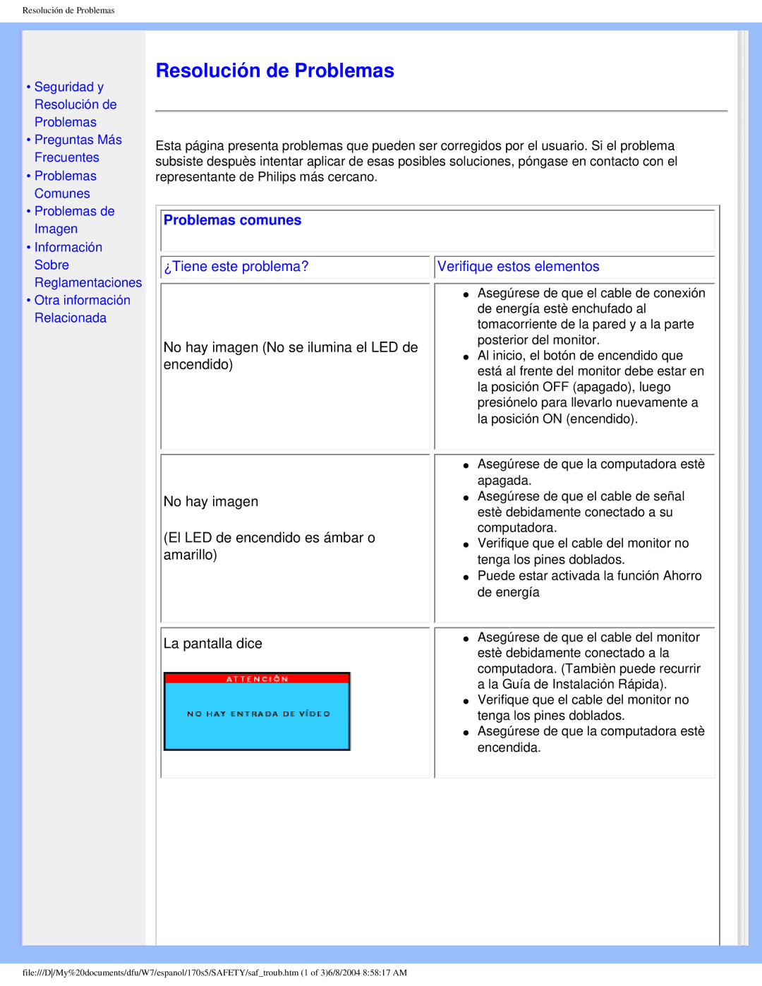 Philips 170S5 user manual Resolución de Problemas, Problemas comunes 