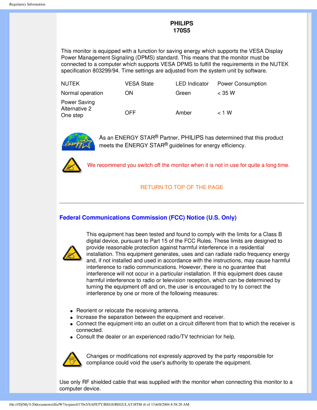 Philips 170S5 user manual Philips, Federal Communications Commission FCC Notice U.S. Only 