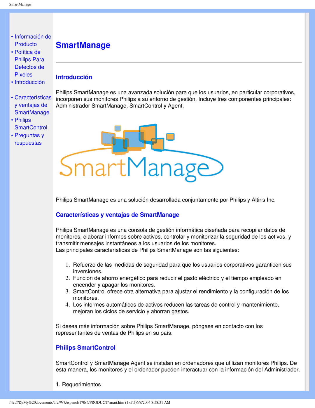 Philips 170S5 user manual Introducción, Características y ventajas de SmartManage, Philips SmartControl 