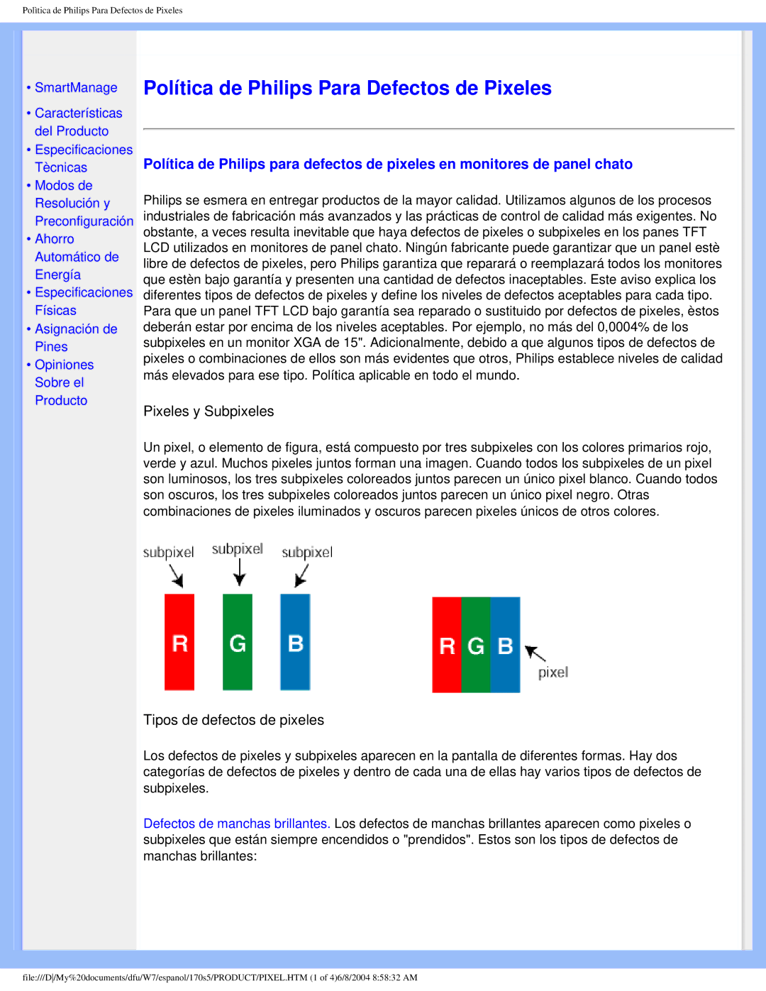 Philips 170S5 user manual Política de Philips Para Defectos de Pixeles 