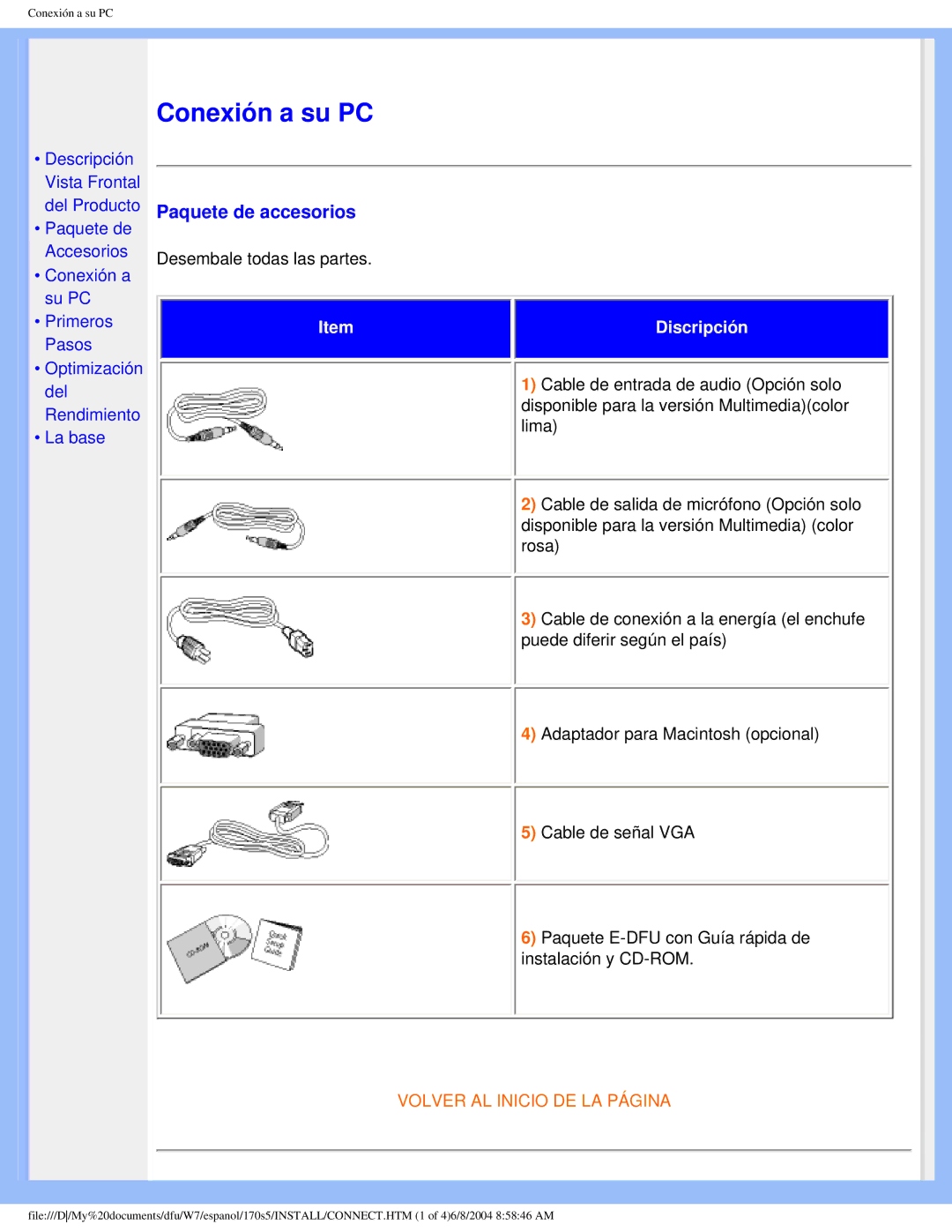 Philips 170S5 user manual Conexión a su PC, Paquete de accesorios 