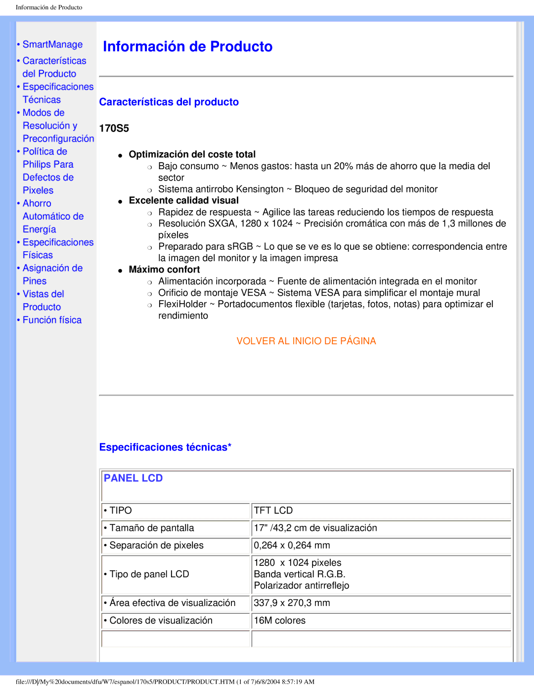 Philips 170S5 user manual Información de Producto, Características del producto, Especificaciones técnicas 