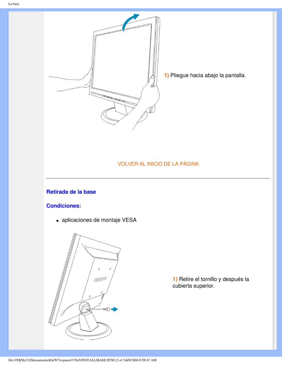 Philips 170S5 user manual Retirada de la base Condiciones 