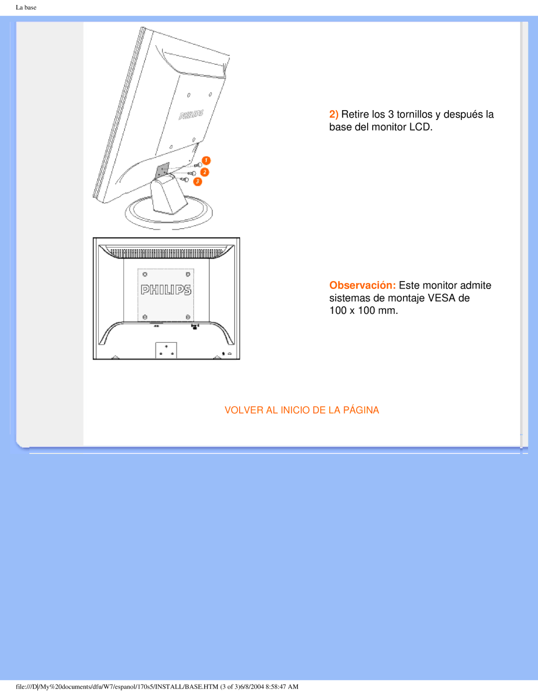 Philips 170S5 user manual Volver AL Inicio DE LA Página 