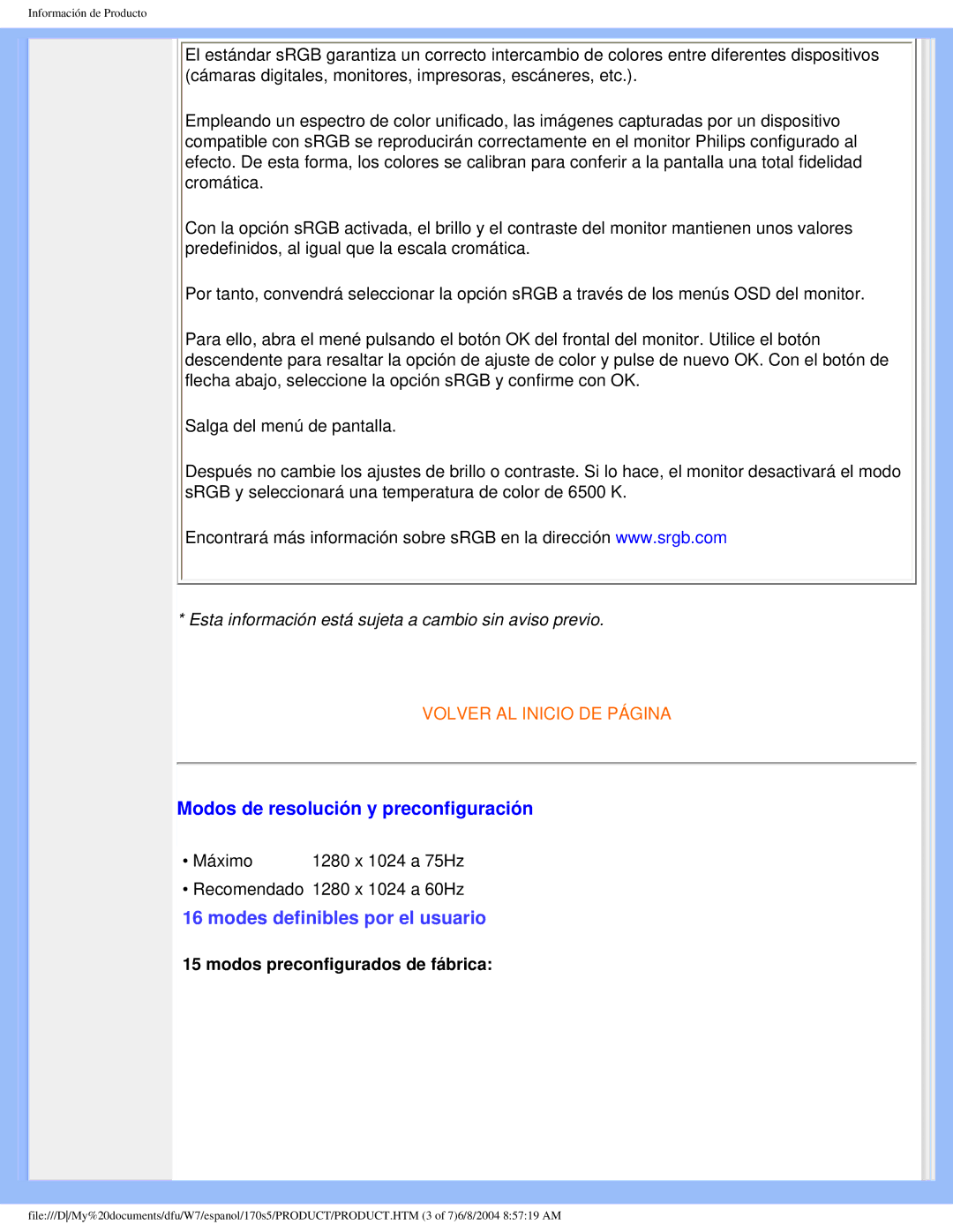 Philips 170S5 user manual Modos de resolución y preconfiguración, Modes definibles por el usuario 