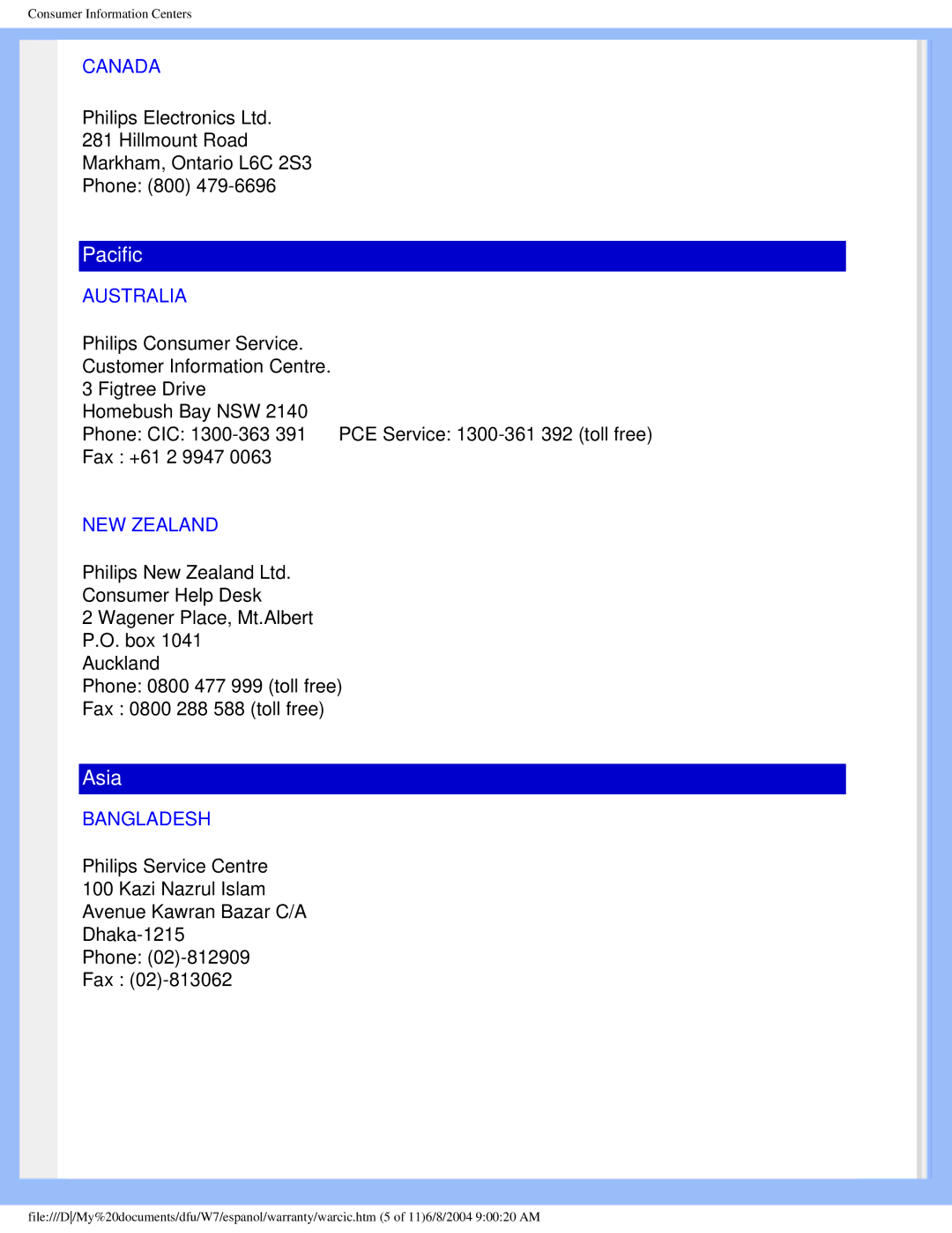 Philips 170S5 user manual Canada, Australia, NEW Zealand, Bangladesh 