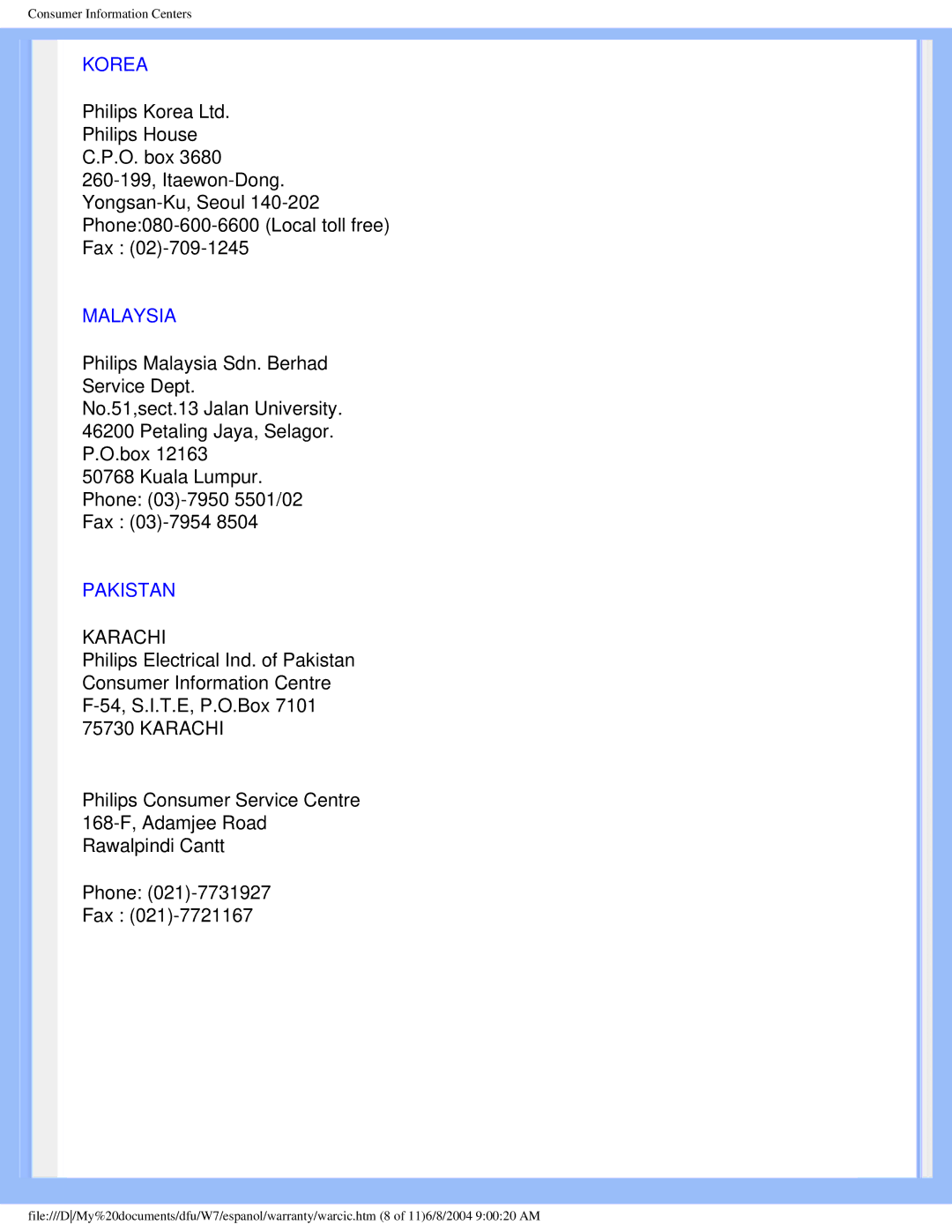 Philips 170S5 user manual Korea, Malaysia, Pakistan 