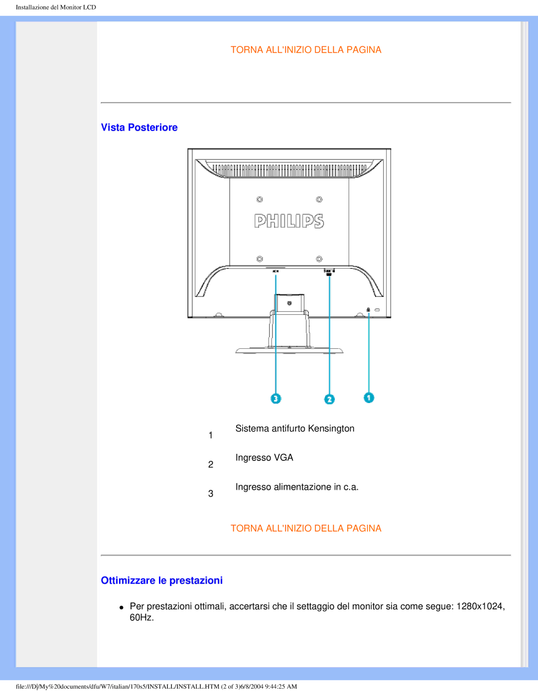 Philips 170S5 user manual Vista Posteriore, Ottimizzare le prestazioni 