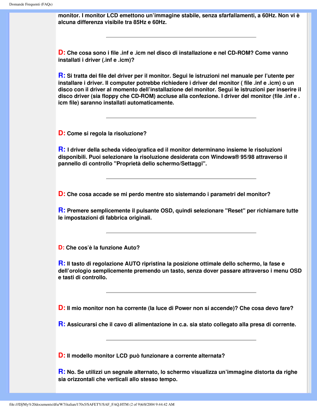 Philips 170S5 user manual Domande Frequenti FAQs 