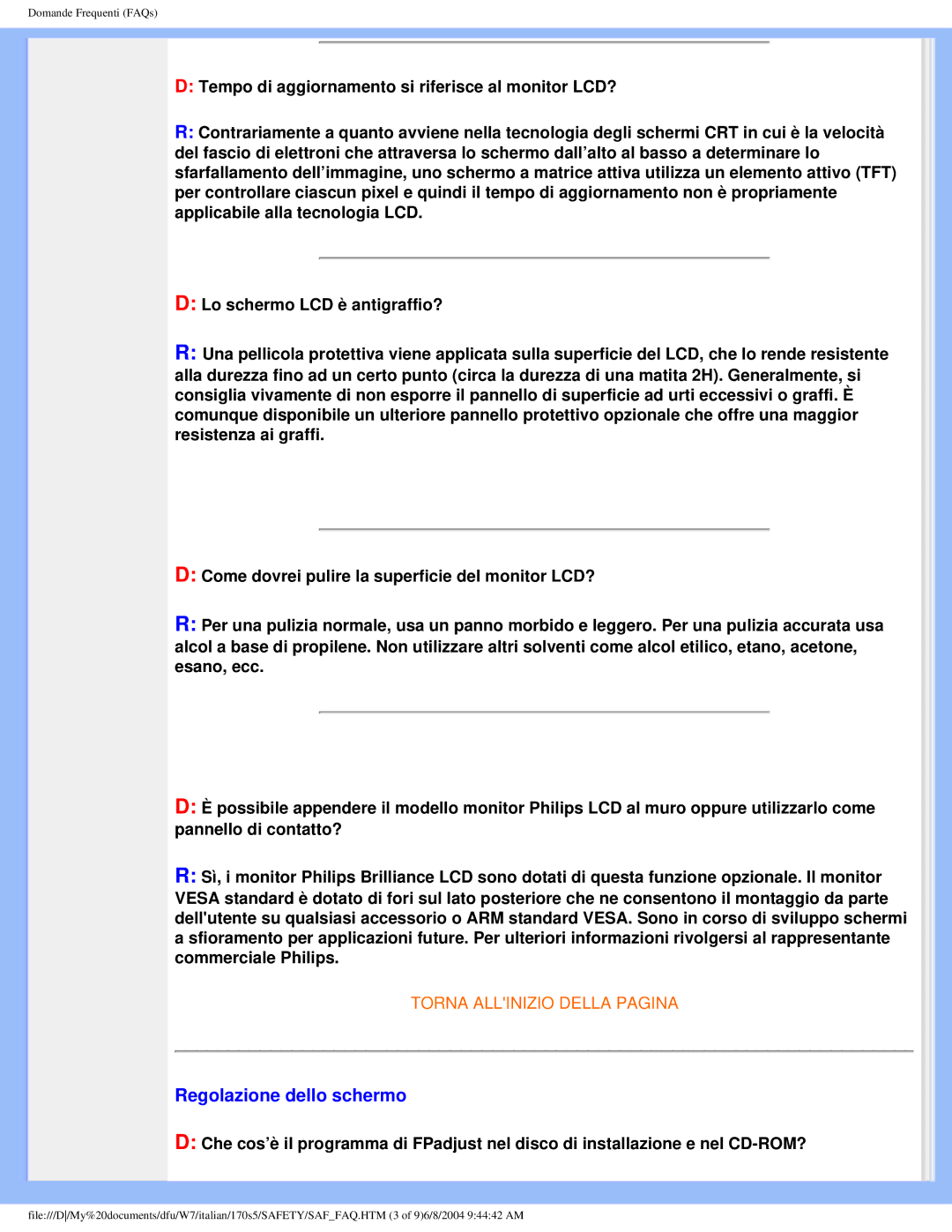 Philips 170S5 user manual Regolazione dello schermo 