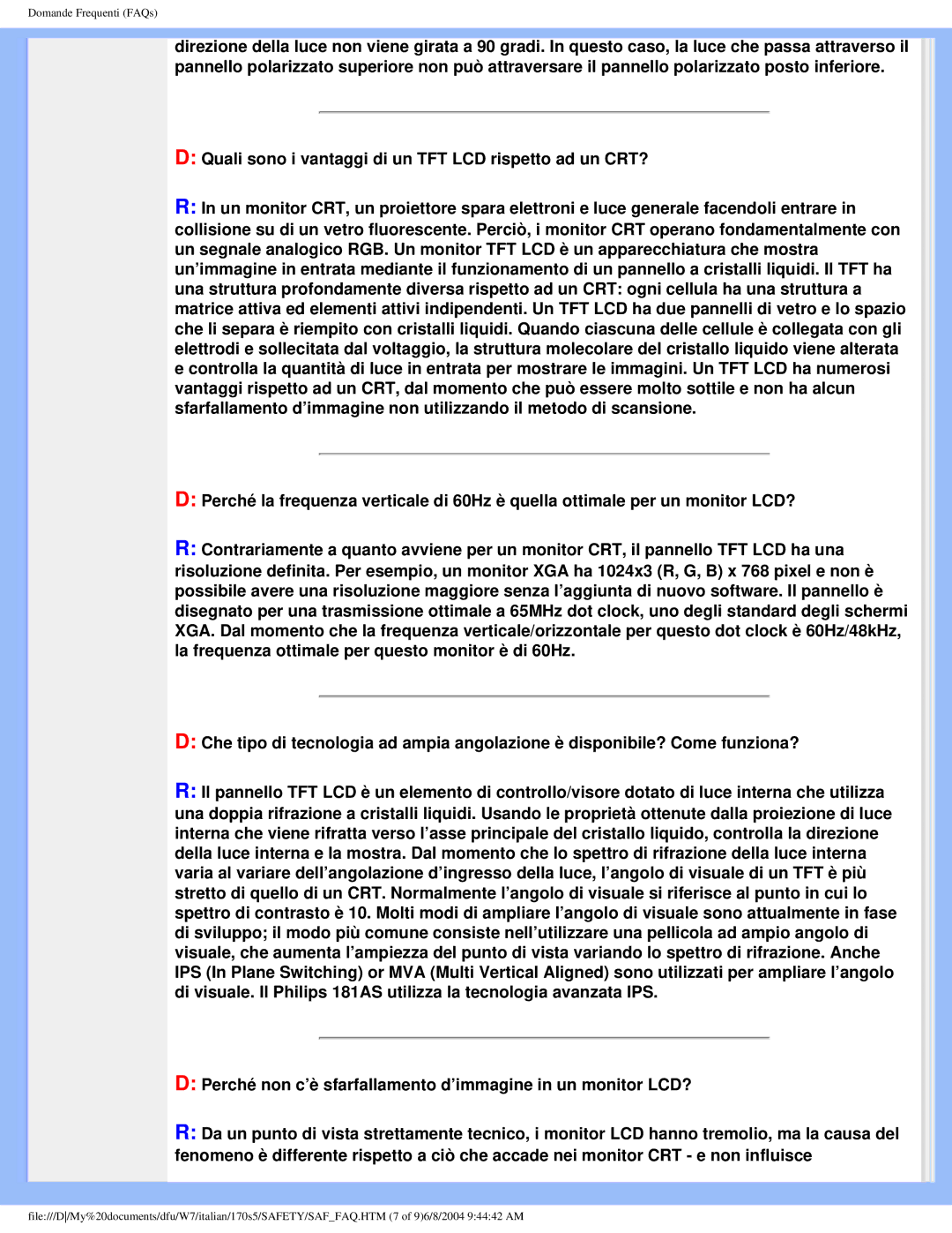 Philips 170S5 user manual Domande Frequenti FAQs 