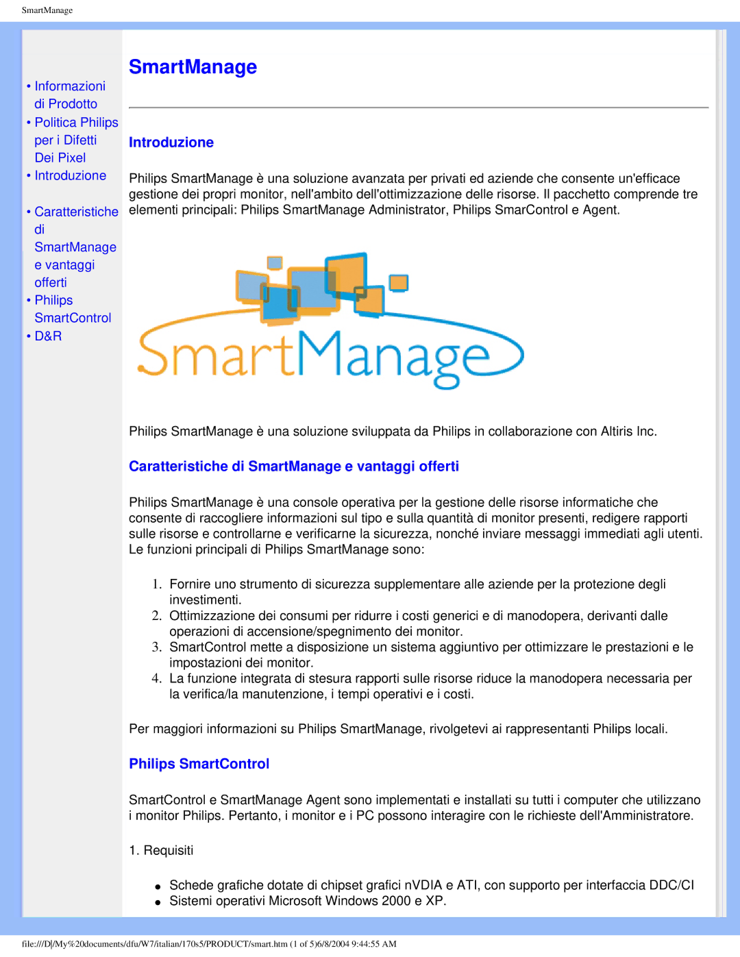 Philips 170S5 user manual Introduzione, Caratteristiche di SmartManage e vantaggi offerti, Philips SmartControl 