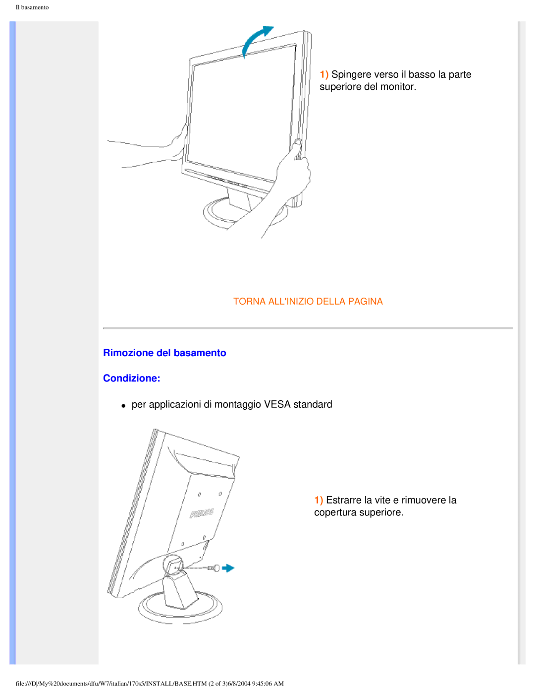 Philips 170S5 user manual Rimozione del basamento Condizione 