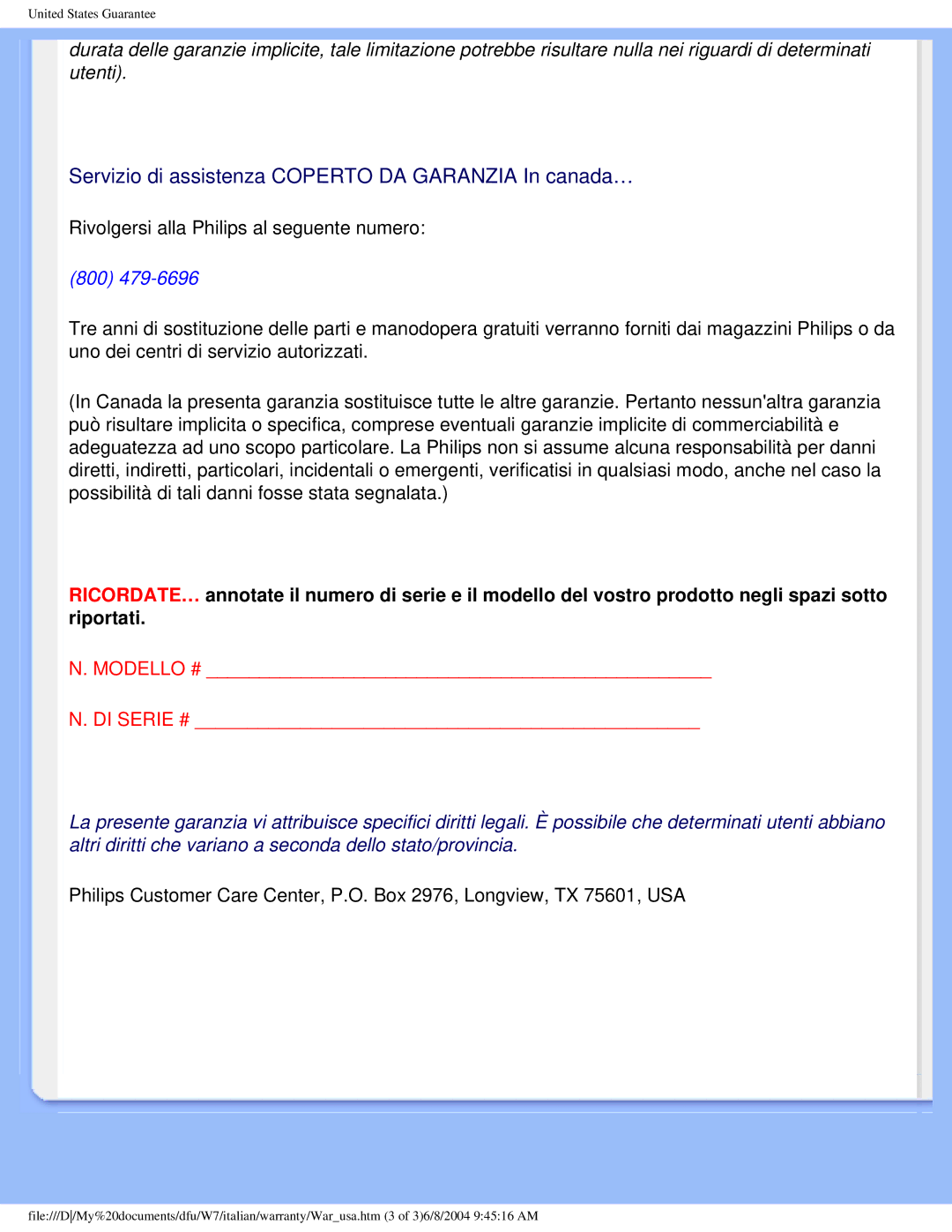 Philips 170S5 user manual Servizio di assistenza Coperto DA Garanzia In canada… 