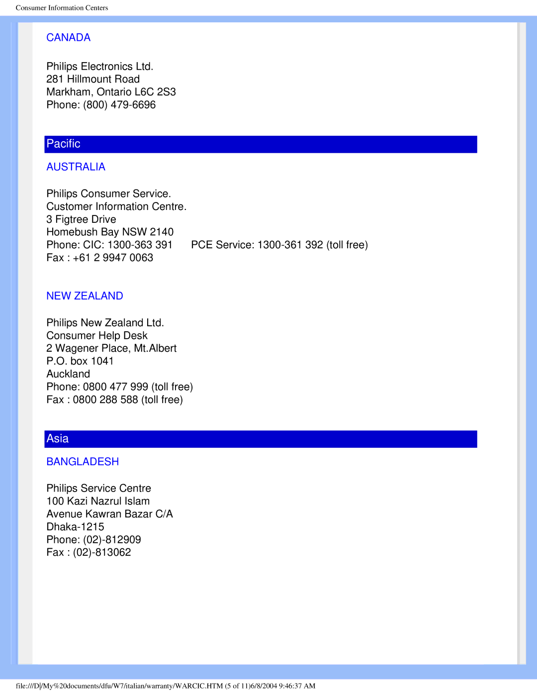 Philips 170S5 user manual Canada, Australia, NEW Zealand, Bangladesh 