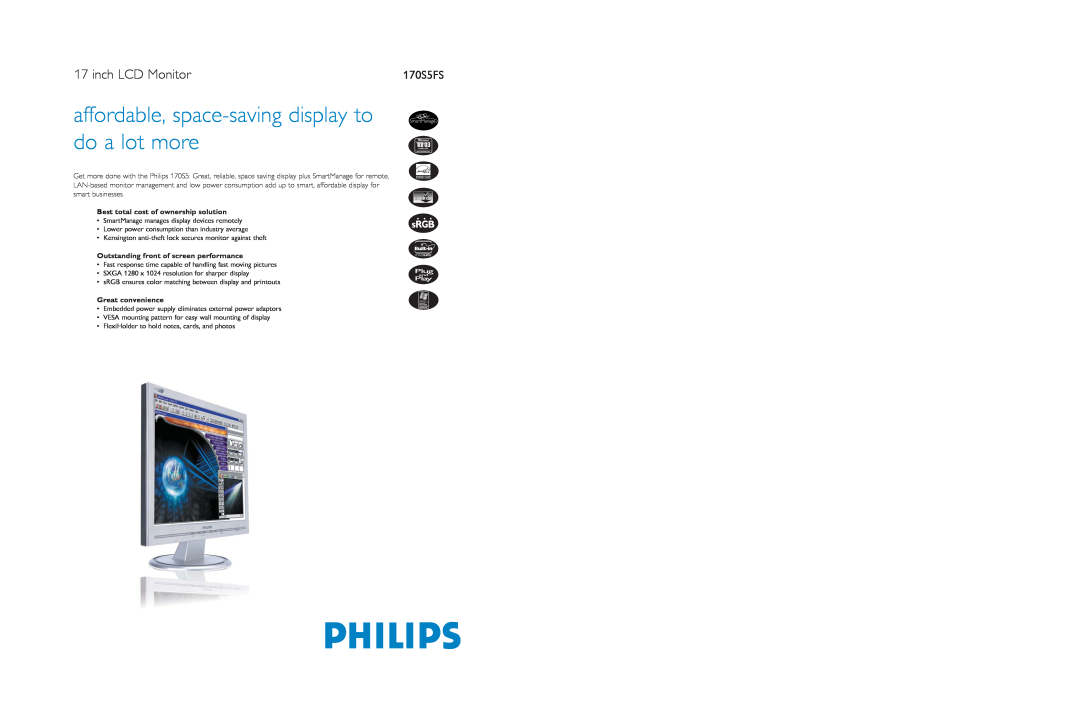 Philips 170S5FS specifications inch LCD Monitor, Best total cost of ownership solution, Great convenience 