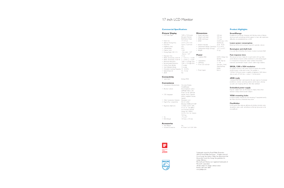 Philips 170S5FS specifications Picture/ Display, Dimensions, Power, Connectivity, Convenience, Accessories 