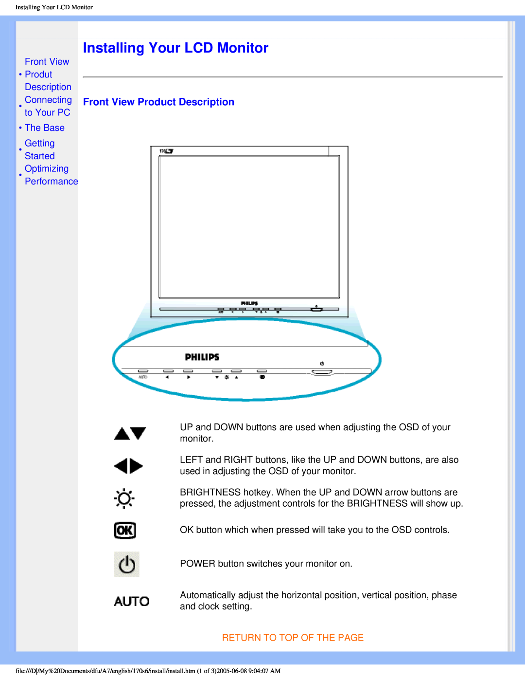 Philips 170s6 user manual Installing Your LCD Monitor, Front View Product Description, Return To Top Of The Page 