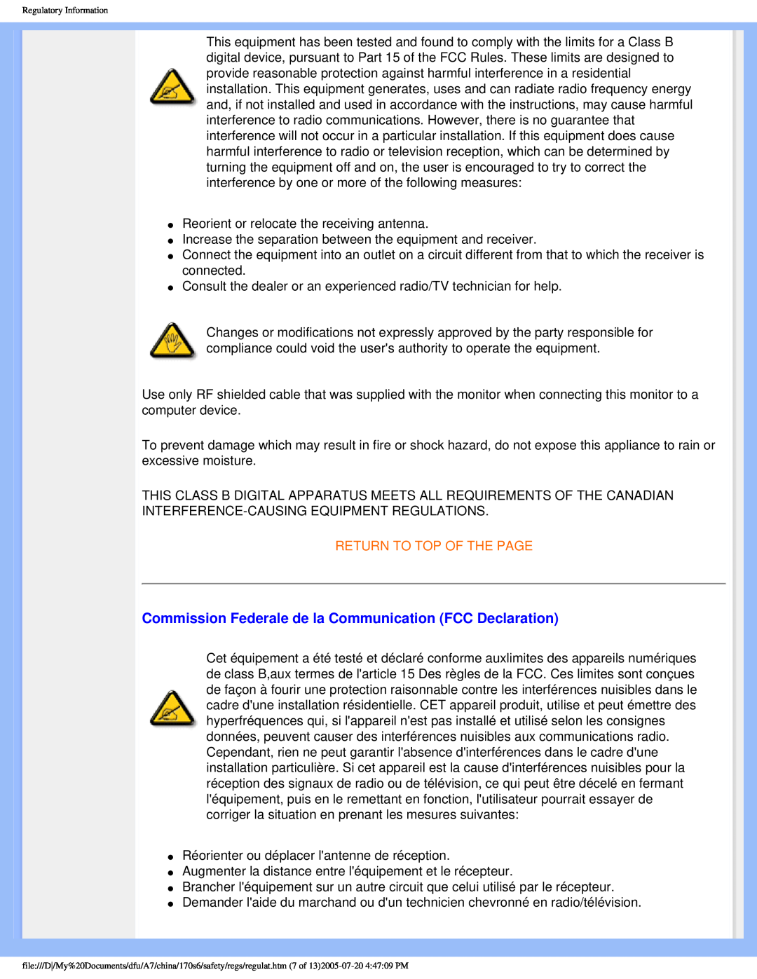 Philips 170s6 user manual Commission Federale de la Communication FCC Declaration, Return To Top Of The Page 