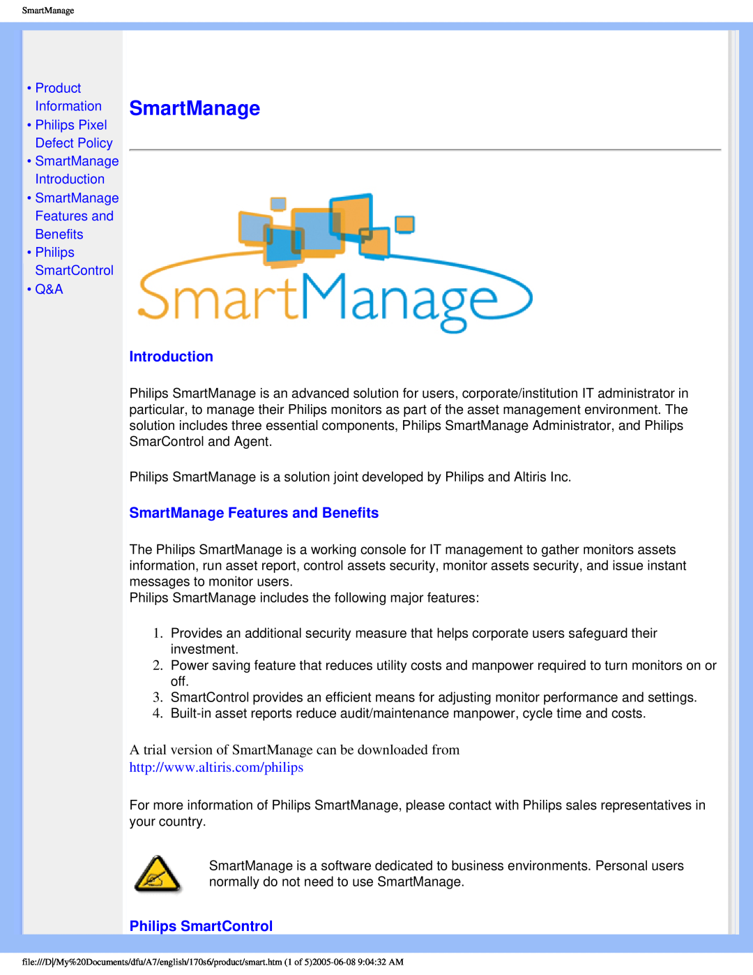 Philips 170s6 Introduction, SmartManage Features and Benefits, A trial version of SmartManage can be downloaded from 