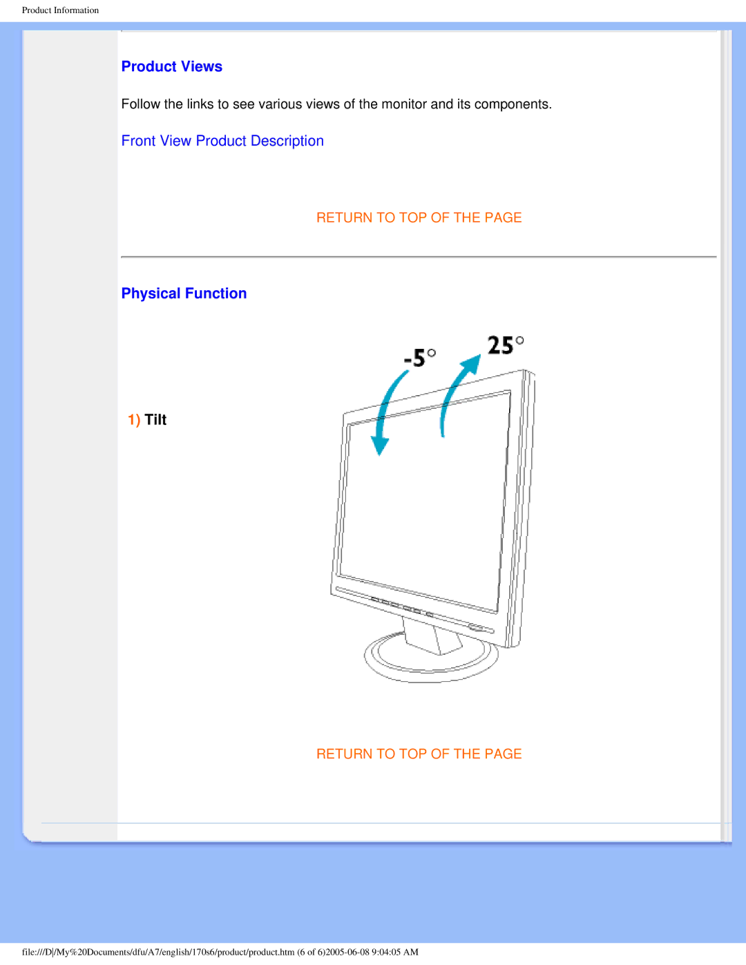 Philips 170s6 user manual Product Views, Physical Function 