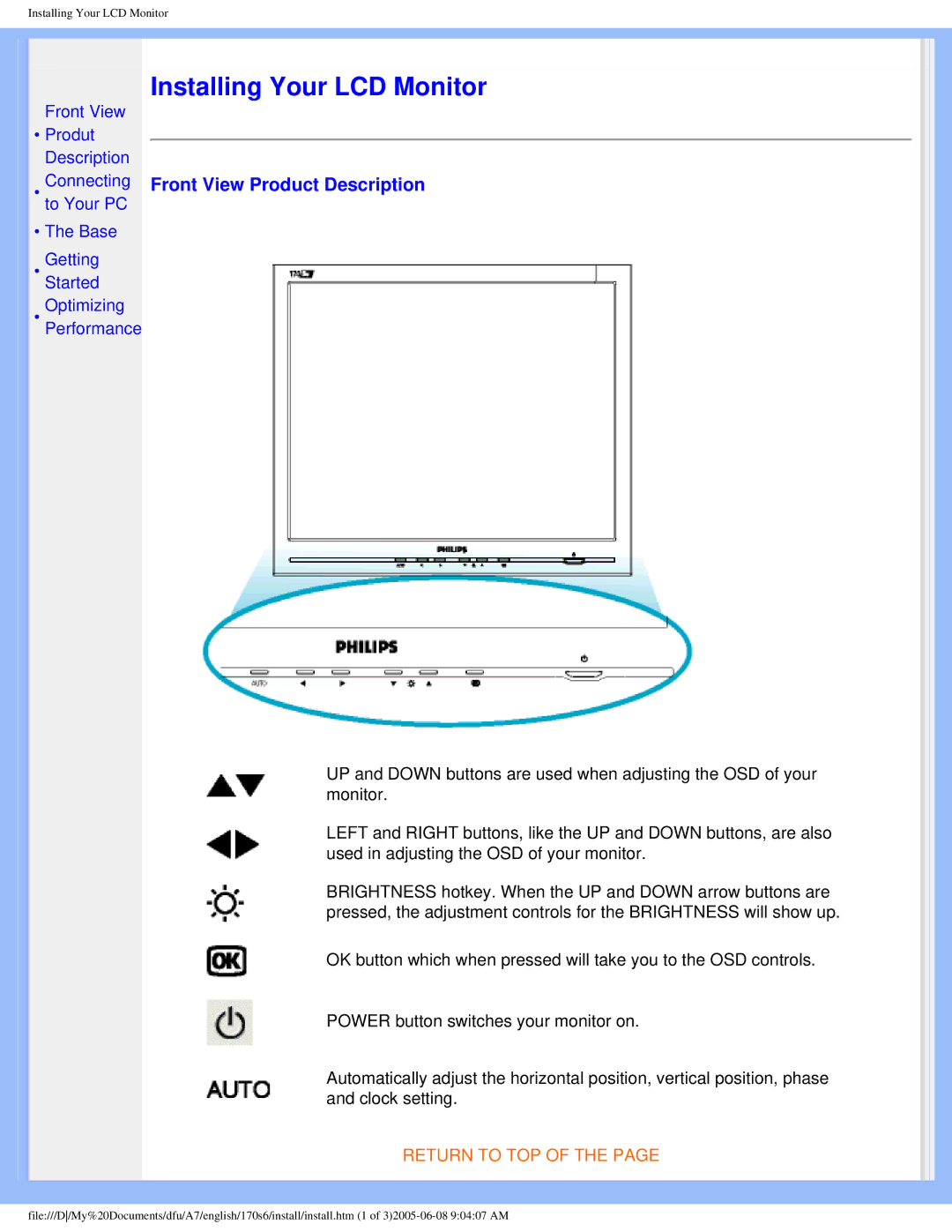 Philips 170s6 user manual Installing Your LCD Monitor, Front View Product Description 