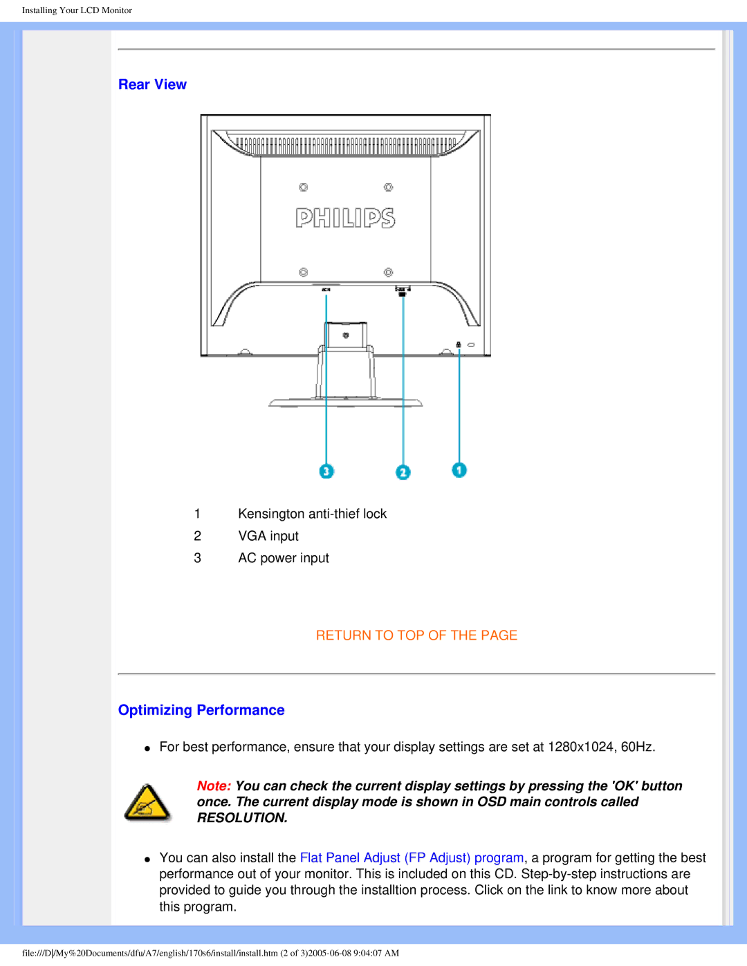 Philips 170s6 user manual Rear View, Optimizing Performance 